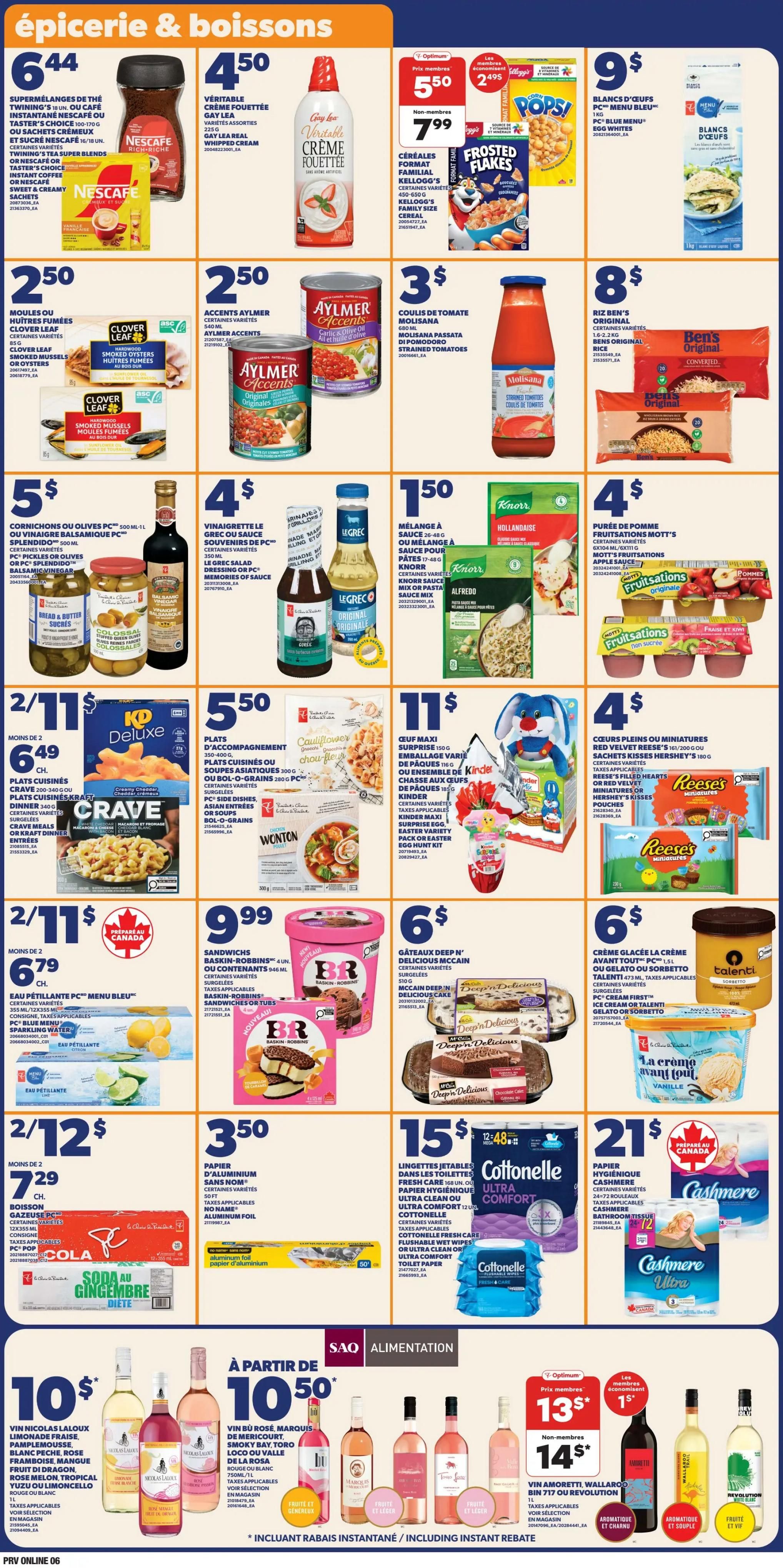 Provigo flyer page 6 featuring grocery and beverage specials. Top row includes Twining's tea for $6.44, Gay Lea whipped cream for $4.50, Kellogg's Frosted Flakes cereal for $5.50 (Optimum members) or $7.99 (non-members), and PC Blue Menu egg whites for $9. Next row features Clover Leaf smoked oysters or mussels for $2.50, Aylmer Accents diced tomatoes for $2.50, Molisana strained tomatoes for $3, and Ben's Original rice for $8. The third row showcases PC Splendido olives or balsamic vinegar for $5, Knorr sauces for $4, and Mott's Fruitsations applesauce cups for $4. Below that, Crave pasta for 2 for $11.79, Cauliflower florets for $5.50, and Kinder Surprise maxi eggs for $11. The next row highlights PC Blue Menu sparkling water for 2 for $6.79, Baskin-Robbins ice cream for $9.99, and McCain Deep'n Delicious cakes for $6. The bottom section features various wines starting at $10.50, including Vin Nicola's, Vin du Rose Marquis de Marquis, and Vin Adoretti. Also featured are Amaretto for $13 (Optimum members) or $14 (non-members) and Revolution wine for $15. Additional items include PC Cola or Ginger Ale for 2 for $12.79, aluminum foil for $3.50, Cottonelle toilet paper for $15, and Cashmere bathroom tissue for $21.