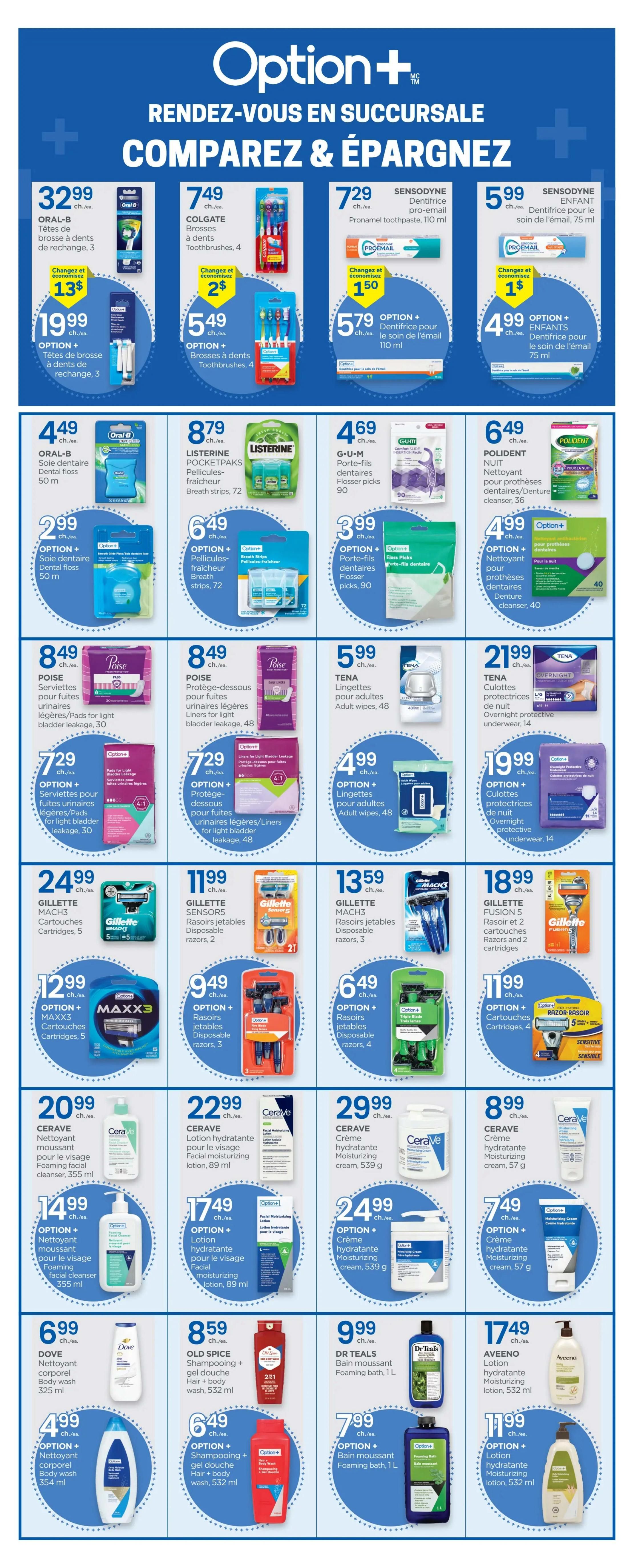 Proxim flyer page 5 features a wide selection of personal care items. Top row includes Oral-B dental floss for $32.99, Colgate toothbrushes (4-pack) for $7.49, and Sensodyne Pronamel toothpaste (110 ml) for $7.29. Also featured is Sensodyne children's toothpaste (75 ml) for $5.99. Several Option+ brand items are on sale, such as Option+ toothbrushes (3-pack) for $19.99, Option+ toothbrushes (4-pack) for $5.49, Option+ toothpaste (110 ml) for $5.79, and Option+ children's toothpaste (75 ml) for $4.99. Mid-section offers Listerine Breath Strips (72 count) for $8.79 and GUM Flosser picks (90 count) for $4.69. Option+ Breath Strips for $6.49 and Option+ Floss Picks for $3.99 are also available. Poise pads (30 count) are $8.49, and Poise liners (48 count) are $8.49. TENA adult wipes (48 count) are $5.99. Option+ pads for light bladder leakage are $7.29, and Option+ liners for light bladder leakage are $7.29. TENA protective underwear (14 count) is $21.99, with Option+ protective underwear for $19.99. Gillette MACH3 cartridges (5-pack) are $24.99. Option+ MAXX3 cartridges (5-pack) are $12.99. Gillette SENSOR5 disposable razors (2-pack) are $11.99. Gillette MACH3 disposable razors (3-pack) are $13.59. Gillette Fusion 5 razors and cartridges (2-pack) are $18.99. Option+ disposable razors (3-pack) are $9.49, and Option+ disposable razors (4-pack) are $6.49. Option+ cartridges (4-pack) are $11.99. CeraVe foaming facial cleanser (355 ml) is $20.99, with Option+ foaming facial cleanser for $14.99. CeraVe facial moisturizing lotion (89 ml) is $22.99, with Option+ moisturizing lotion for $17.49. CeraVe moisturizing cream (539 g) is $29.99, with Option+ moisturizing cream for $24.99. CeraVe moisturizing cream (57 g) is $8.99, with Option+ moisturizing cream for $7.49. Dove body wash (325 ml) is $6.99, with Option+ body wash for $4.99. Old Spice shampooing + body wash (532 ml) is $8.59, with Option+ shampooing + body wash for $6.49. Dr Teal's foaming bath (1 L) is $9.99, with Option+ foaming bath for $7.99. Aveeno moisturizing lotion (532 ml) is $17.49, with Option+ moisturizing lotion for $11.99.