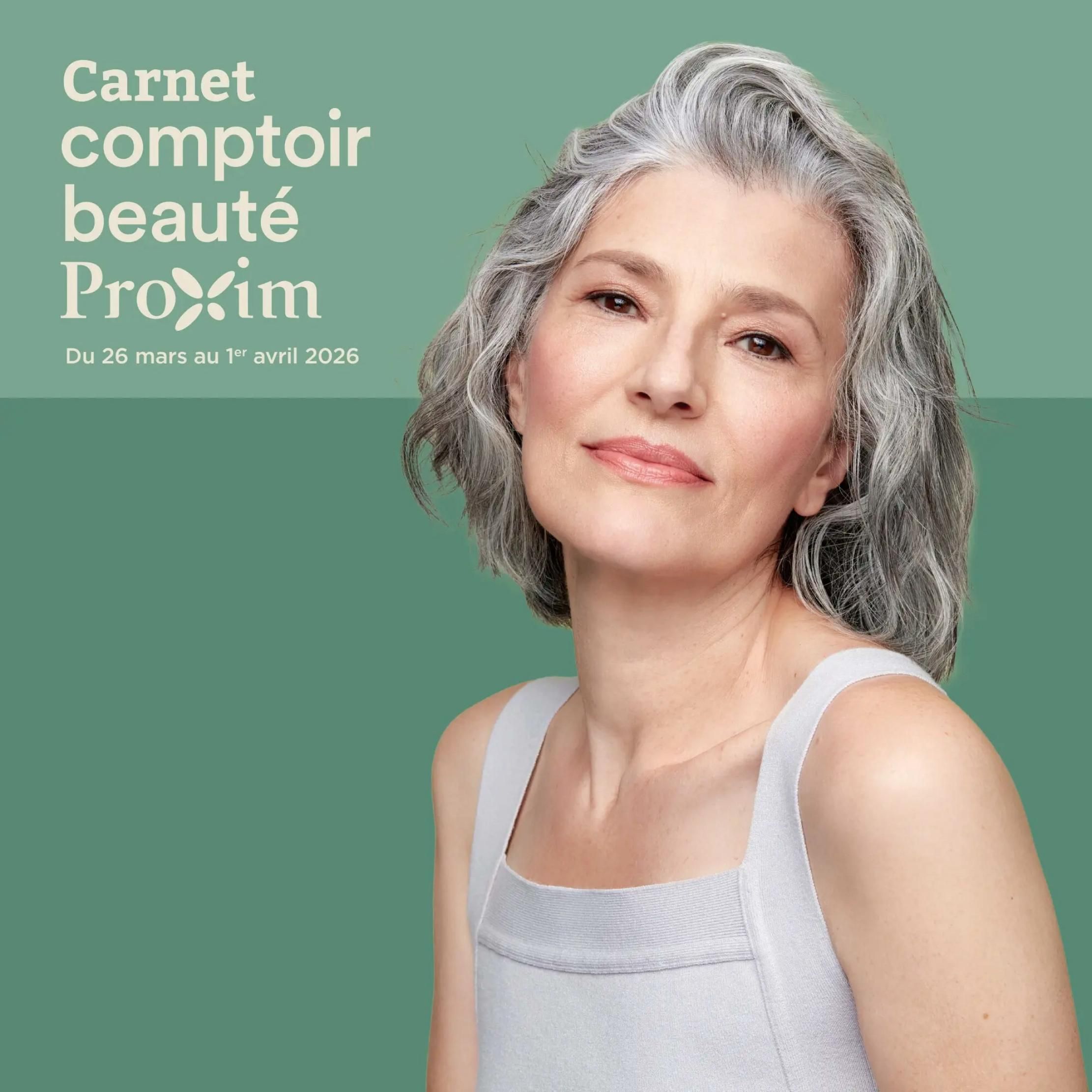Proxim Beauty Counter booklet, valid from March 26 to April 1, 2026. Features a woman with grey hair and makeup. This page is part of the Proxim weekly flyer.