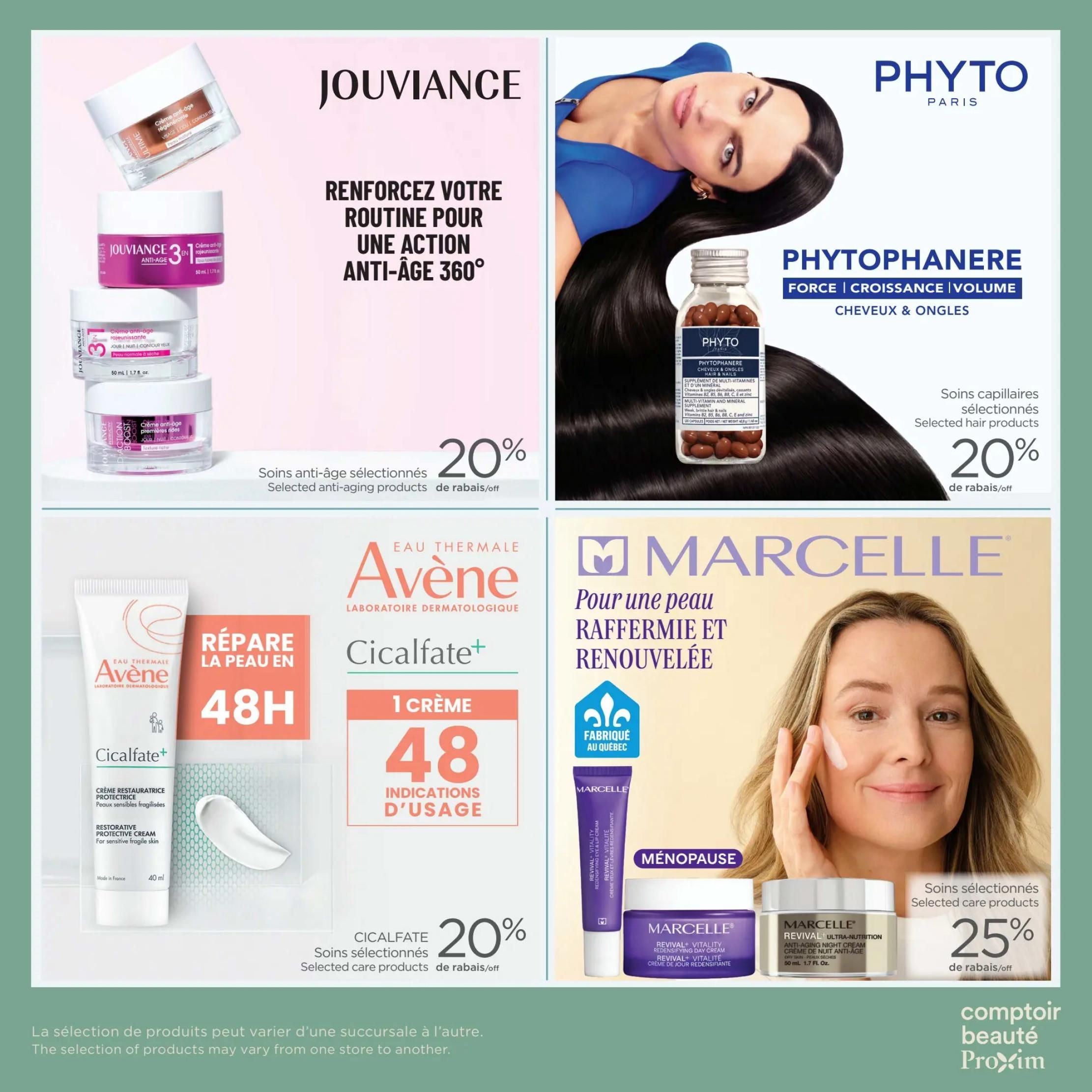 Proxim Weekly Flyer Specials, Page 7. Features Jouviance anti-aging skincare with a 20% discount on selected products. Also showcases Phyto Phytophanere hair and nail supplement, offering 20% off selected hair products. Avène Cicalfate+ restorative protective cream for sensitive, fragile skin is highlighted. Additionally, Marcelle Revival+ Vitality skincare for firmer, renewed skin, including day and night creams, is available with a 25% discount on selected care products. The bottom of the page notes that product selection may vary by store.