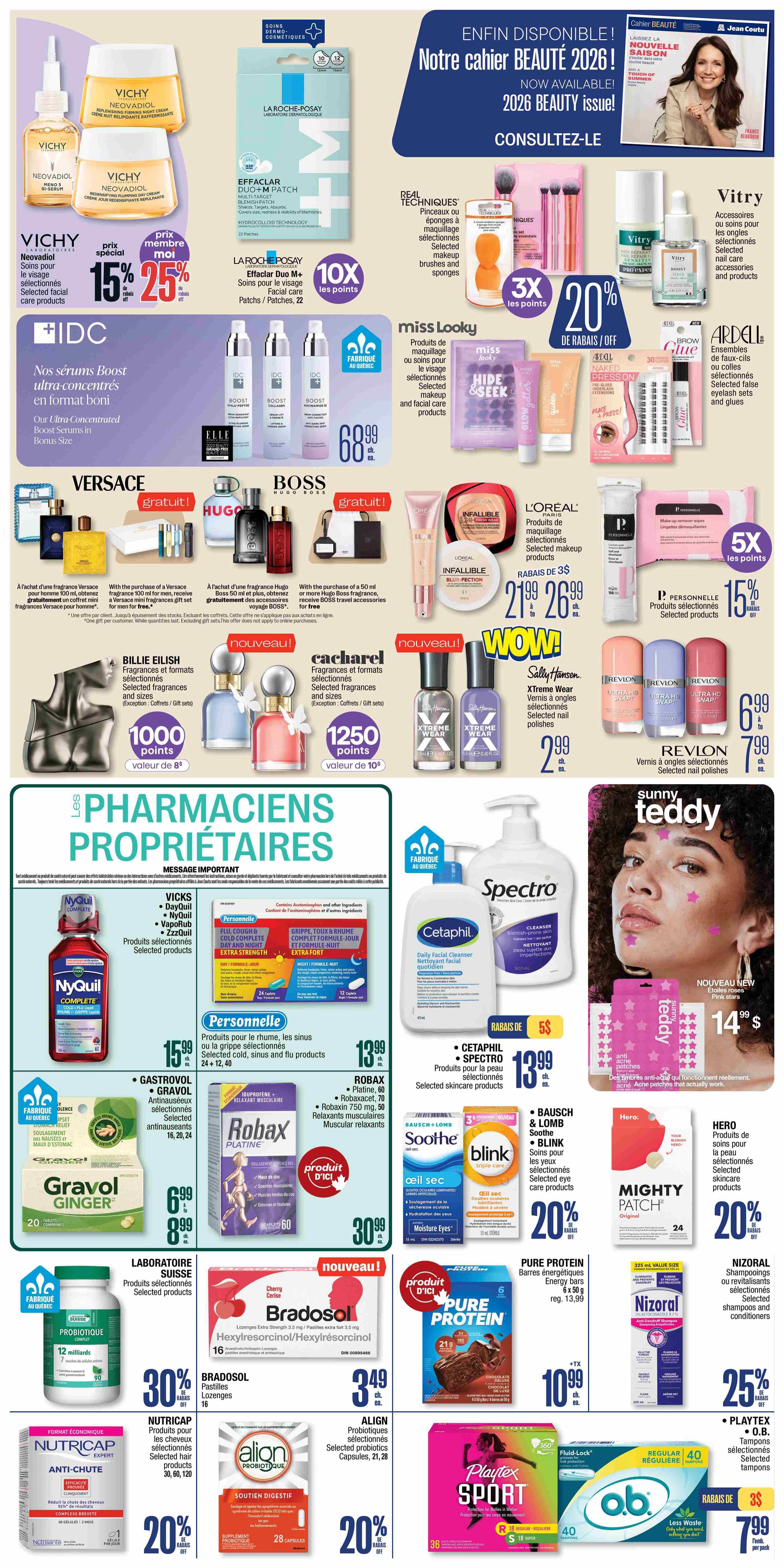 Jean Coutu Weekly Flyer Specials Page 5 features a wide range of beauty and health products. Top offers include Vichy Neovadiol skincare with 15% to 25% off, La Roche-Posay Effaclar Duo M patches with 10x points, and IDC Ultra Concentrated Boost Serums for $68.99. Fragrance gift sets are available with purchase of Versace or Hugo Boss fragrances. Also featured are Miss Looky makeup, Real Techniques brushes, Vitry nail care, Ardell lashes, and L'Oréal Infallible makeup. Sally Hansen Xtreme Wear nail polishes are $2.99, and Revlon nail polishes are $7.99. The 'Pharmacien Propriétaire' section highlights Vicks, NyQuil, and DayQuil products, Gravol, Robax, Bradosol lozenges, and Pure Protein bars. Personal care items include Cetaphil Spectro cleanser for $13.99, Bausch & Lomb Soothe and Blink eye care products, and Mighty Patch acne patches. Playtex Sport tampons are on special for $7.99, and Nutricap and Align probiotics offer 20% off. Nizoral shampoos and conditioners are 25% off.