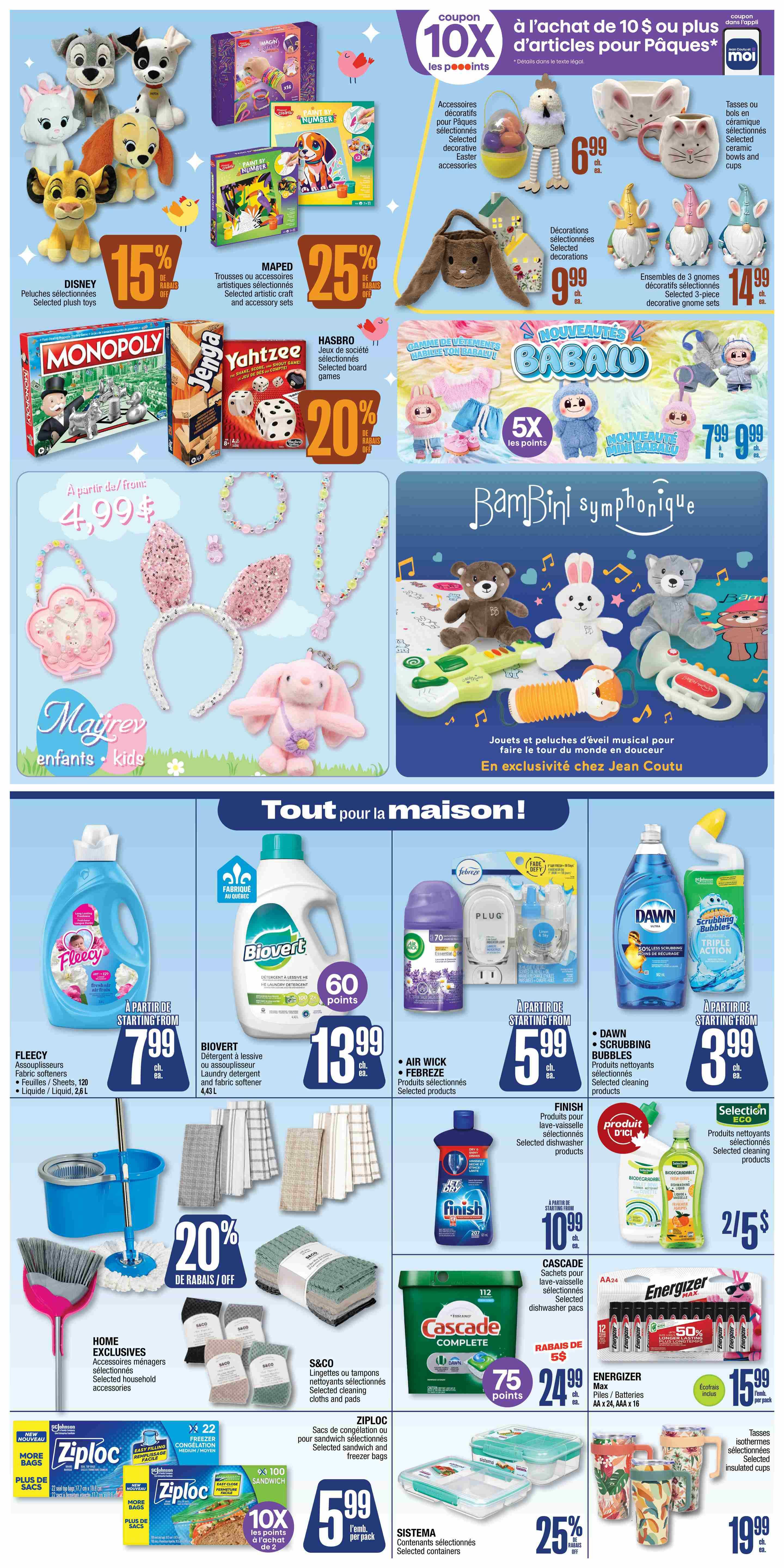 Jean Coutu flyer page 8 featuring a variety of household and Easter-themed items. Top section includes Disney selected plush toys at 15% off, MAPED selected craft and accessory sets at 25% off, and HASBRO selected board games at 20% off. Easter items include selected decorative Easter accessories for $6.99, selected decorative gnome sets for $9.99 and $14.99, and BABALU mini plush toys for $7.99. Also featured are 'Magirêve enfants kids' accessories starting from $4.99 and 'Bambini Symphonique' musical toys and plush toys exclusively at Jean Coutu. The bottom section, 'Tout pour la maison!' (Everything for the home!), showcases FLEECY fabric softeners starting from $7.99, BIOVERT laundry detergent and fabric softener for $13.99 with 60 points, AIR WICK and FEBREZE selected products starting from $5.99, DAWN and SCRUBBING BUBBLES selected cleaning products for $3.99. Also available are FINISH selected dishwasher products for $10.99, SELECTION ECO selected cleaning products for 2 for $5, S&CO selected cleaning cloths and pads with 20% off, ZIPLOC selected sandwich and freezer bags for $5.99 per pack with 10X points offer, CASCADE dishwasher pacs for $24.99 with $5 off and 75 points, HOME EXCLUSIVES selected household accessories, SISTEMA selected containers with 25% off, and ENERGIZER MAX batteries for $15.99. Insulated cups are available for $19.99.