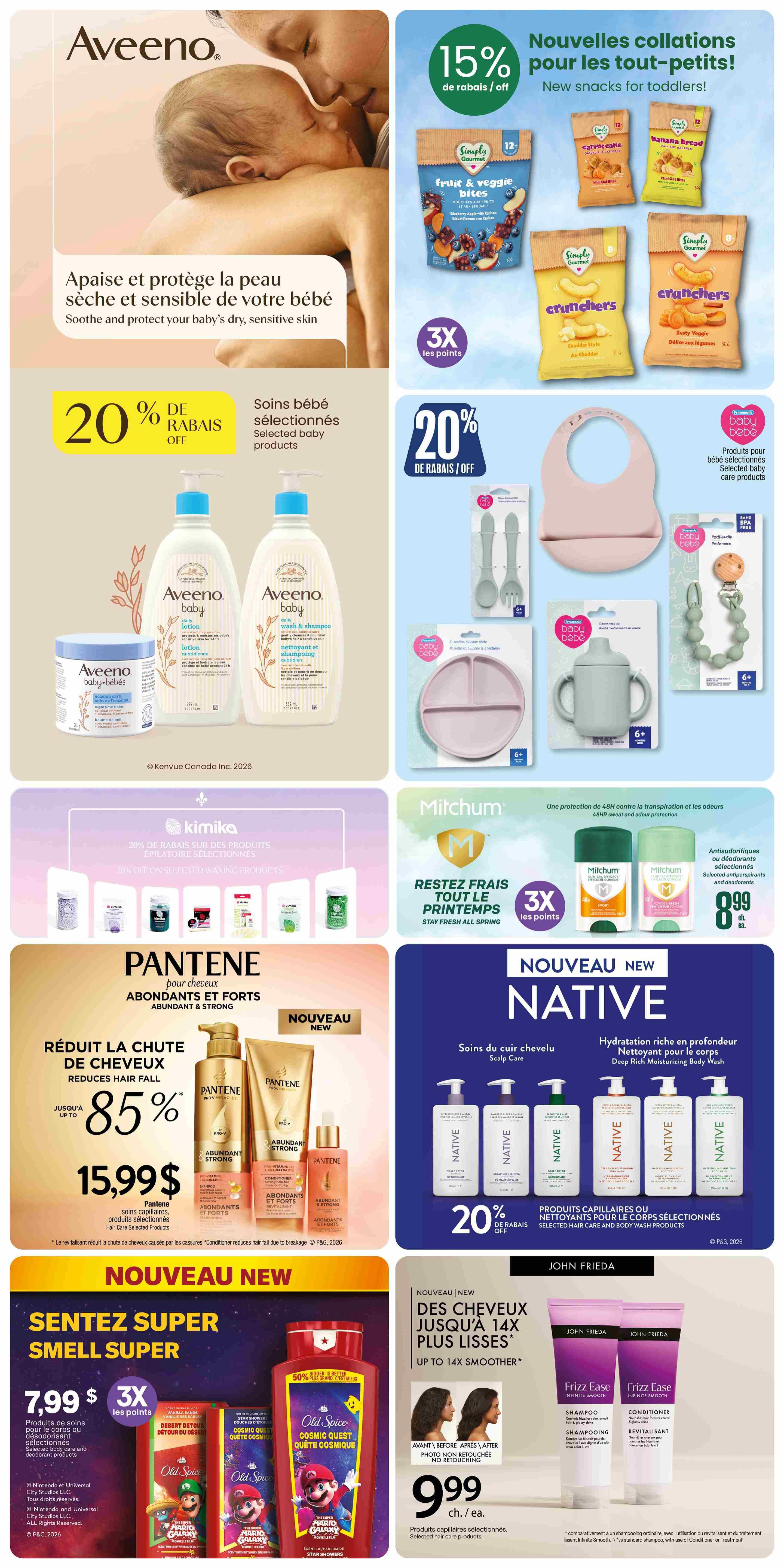 Jean Coutu weekly flyer specials page 9 features Aveeno baby products for dry, sensitive skin with 20% off selected baby products. Also on sale are Simply Gourmet toddler snacks with 15% off and 3x the points. Baby care items like bibs, plates, cups, and pacifier clips are available with 20% off selected baby care products. Pantene Abundant & Strong hair care products are featured with up to 85% off, priced at $15.99 for selected hair care products. New Native scalp care and body wash products are offered with 20% off selected hair care and body wash products. Old Spice body wash and shower gel, including the Cosmic Quest scent, are on sale for $7.99 with 3x the points. John Frieda Frizz Ease Infinite Smooth shampoo and conditioner are available for $9.99 each for selected hair care products. Mitchum antiperspirants and deodorants are on sale for $8.99 each.