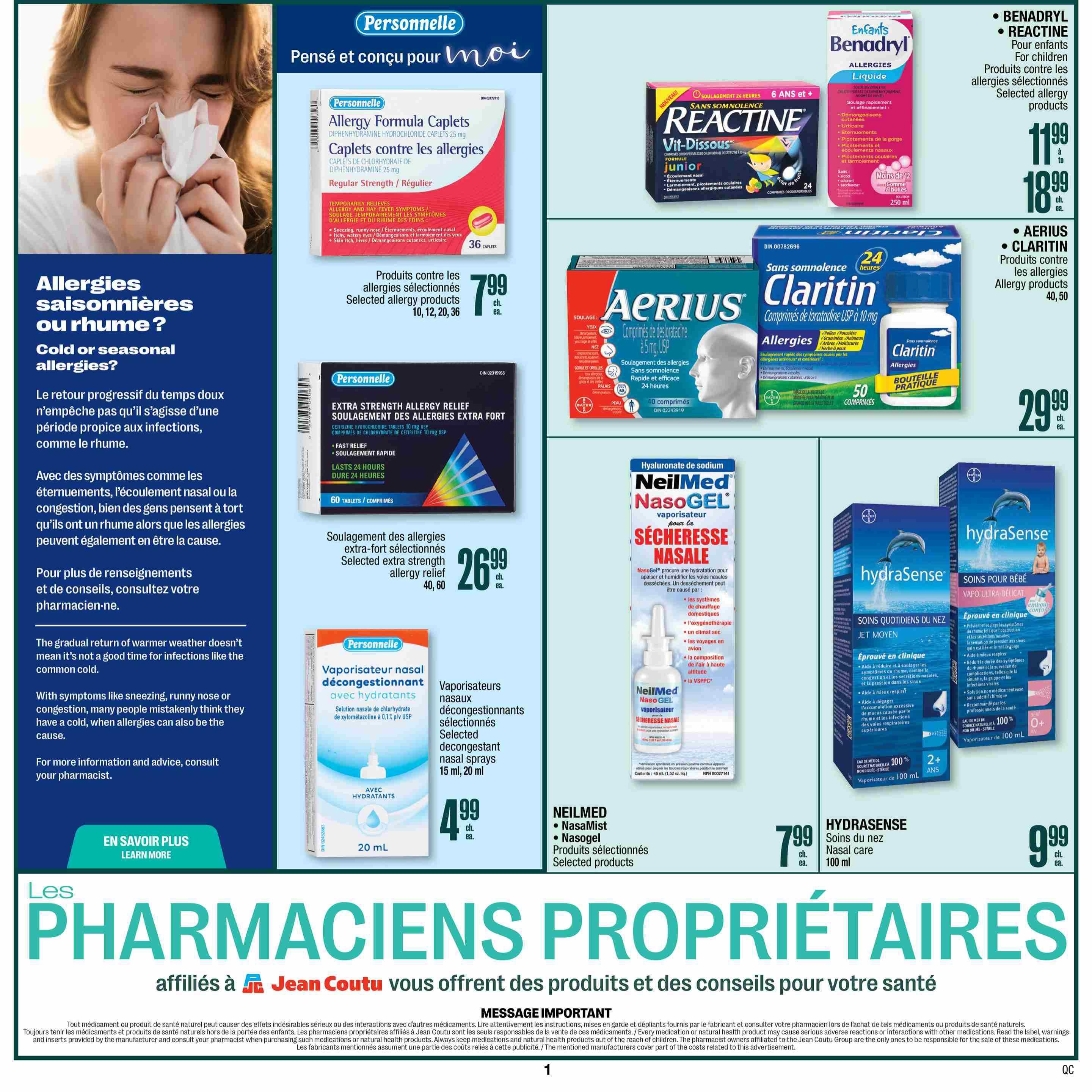 Jean Coutu flyer page 13 featuring allergy and cold relief products. Includes Personnelle Allergy Formula Caplets for $7.99, Reactine Vit-Dissous Junior for $11.99 to $18.99, Aerius Claritin Allergy products for $29.99, Benadryl Allergy Liquid for children, Personnelle Extra Strength Allergy Relief for $26.99, NeilMed NasoGEL Nasal Vaporizer for dryness, and Hydrasense Nasal Care for babies and adults. The page also provides information on seasonal allergies and colds, advising consultation with a pharmacist. The bottom of the page highlights 'Les Pharmaciens Propriétaires Affiliés à Jean Coutu' offering products and advice.