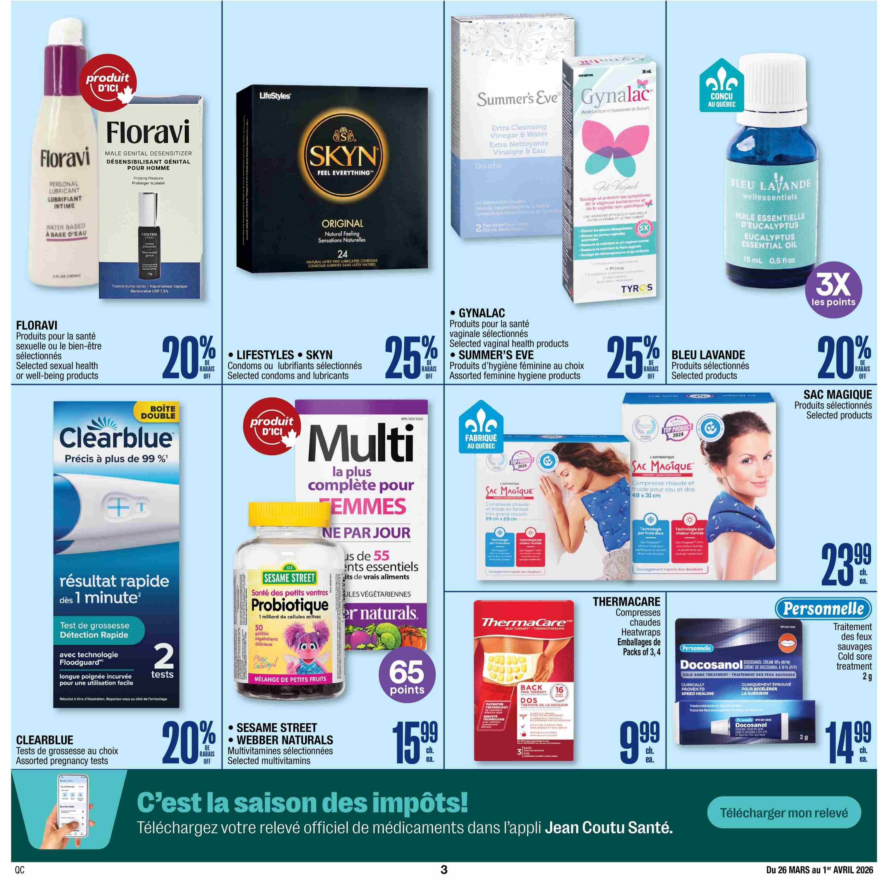 Jean Coutu weekly flyer specials page 17 features a variety of health and personal care products. Top left, Floravi Male Genital Desensitizer is 20% off. Next to it, Lifestyles Skyn Original Natural Feeling Condoms are on sale. Further right, Summer's Eve Extra Cleansing Vinegar & Water Douche and Gynalac selected vaginal health products are 25% off. Bleu Lavande Eucalyptus Essential Oil is available with 3x the points. Clearblue pregnancy tests are 20% off. Multi Probiotic gummies from Sesame Street are 65 bonus points. Sac Magique heat and cold compress is $23.99. Thermacare Heatwraps are $9.99. Personnelle Docosanol Cold Sore Treatment cream is $14.99. The bottom of the page promotes downloading the Jean Coutu Health app to manage tax receipts.