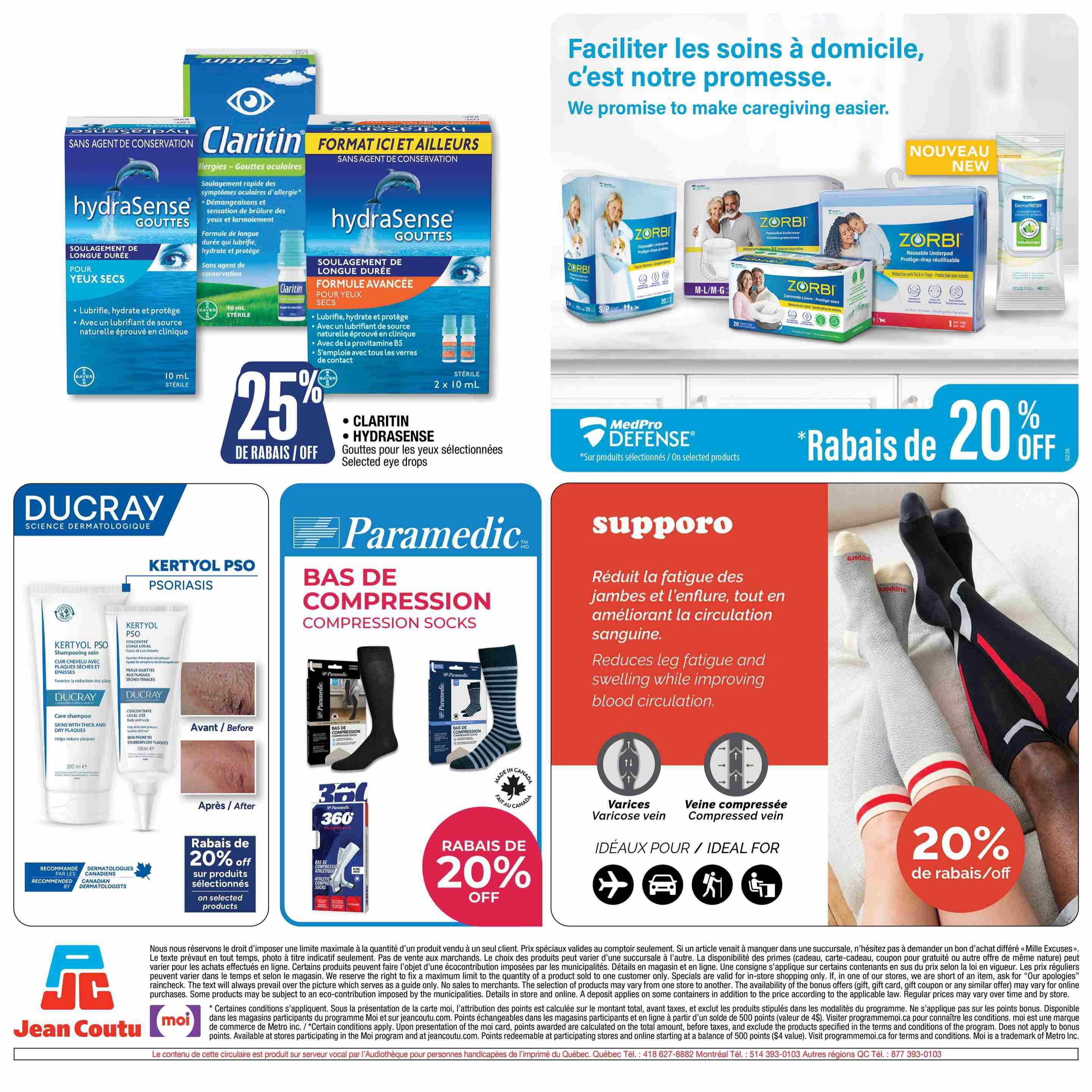 Jean Coutu flyer page 19 features eye care products including Claritin and HydraSense eye drops with a 25% discount on selected items. Also featured are Zorbi protective underwear and MedPro Defense products. Skincare solutions from Ducray, specifically Kertol Pso shampoo and concentrate for psoriasis, are shown with a 20% discount on selected products. Paramedic compression socks for leg circulation and vein support are also on sale with a 20% discount. The flyer highlights offers valid from March 26 to April 1, 2026.