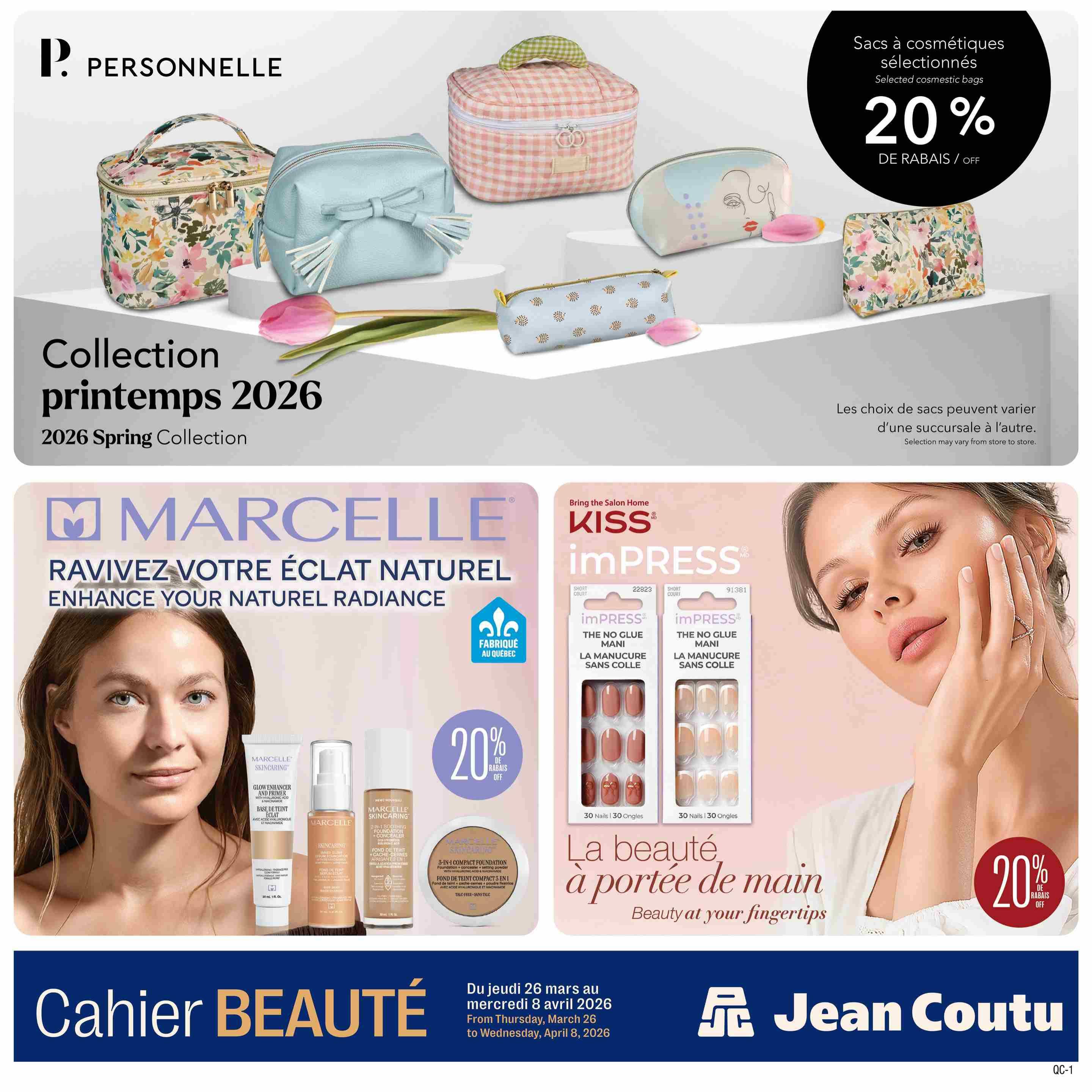 Jean Coutu Beauty Book flyer, page 2. Features the 'Personnelle' 2026 Spring Collection of selected cosmetic bags with a 20% discount. Also highlights Marcelle Skincare products, including Glow Enhancer and Primer and 2-in-1 Soothing Foundation, with a 20% discount. Features Kiss imPRESS The No Glue Mani press-on nails. The flyer is valid from Thursday, March 26 to Wednesday, April 8, 2026.