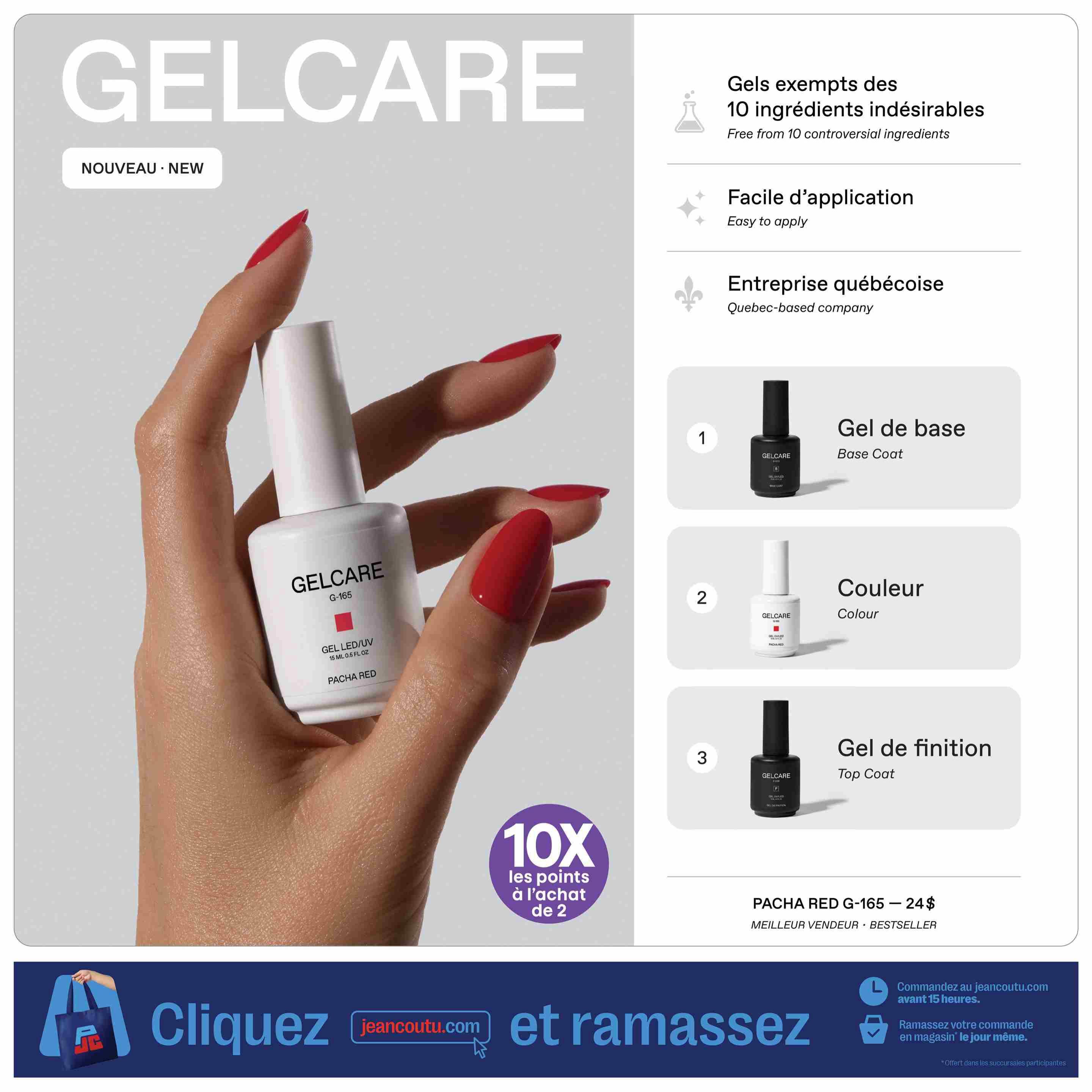 Jean Coutu Beauty Book flyer, page 3. Features Gelcare nail products, highlighting that they are free from 10 controversial ingredients and easy to apply. The brand is a Quebec-based company. Products shown include Gelcare Base Coat, Gelcare Colour in Pacha Red, and Gelcare Top Coat. The Pacha Red Gel G-165 is priced at $24 and is a bestseller. Earn 10X the points when purchasing 2 items. The bottom banner advertises 'Click and collect' at jeancoutu.com, with options to order before 3 PM for same-day pickup at participating stores.