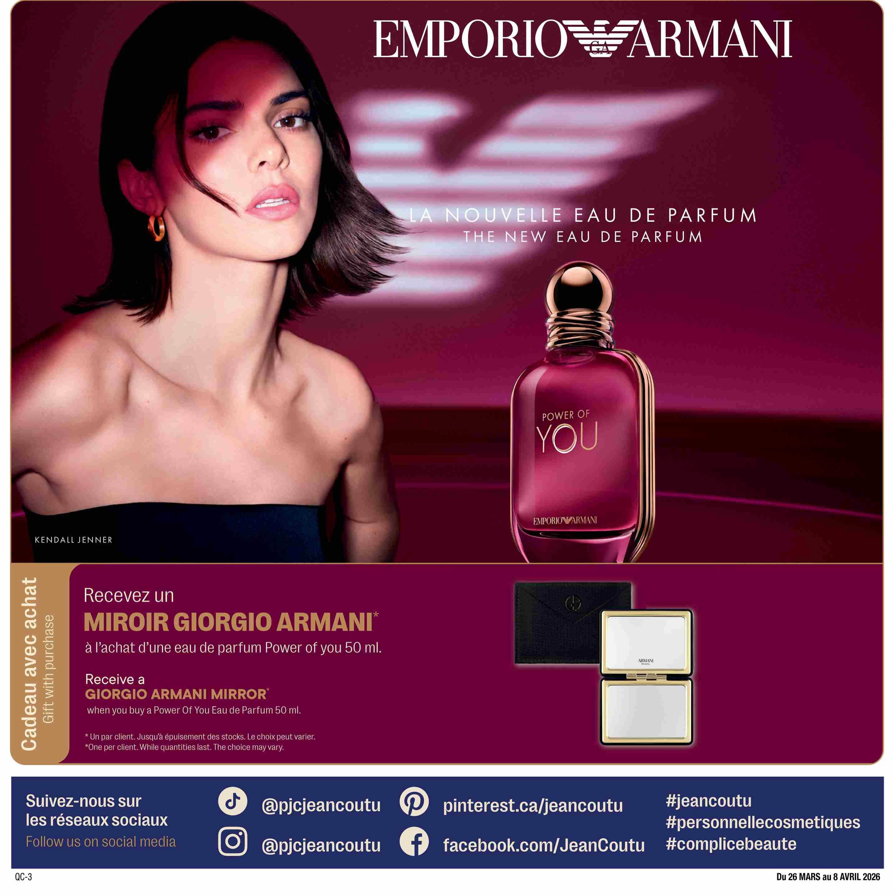 Jean Coutu Beauty Book flyer, page 6. Features Emporio Armani 'The New Eau de Parfum' with a bottle of 'Power of You' Eau de Parfum. Receive a Giorgio Armani mirror with the purchase of a 50 ml 'Power of You' Eau de Parfum. Also includes social media links for Jean Coutu on TikTok, Instagram, Pinterest, and Facebook, along with hashtags like #jeancoutu, #personnellecosmetiques, and #complicebeaute. The flyer is valid from March 26 to April 8, 2026.