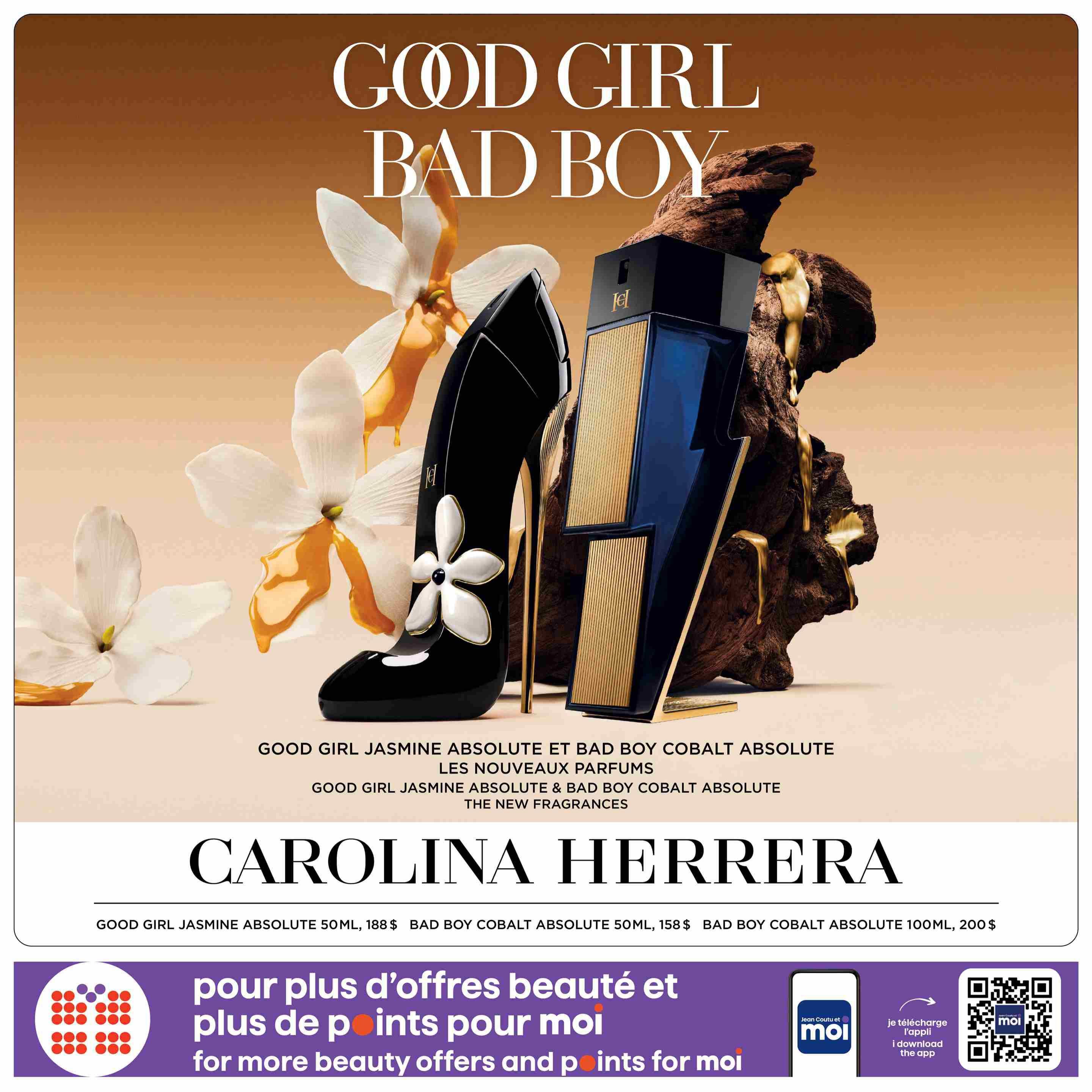 Jean Coutu Beauty Book flyer, page 7, featuring Carolina Herrera fragrances. Showcases Good Girl Jasmine Absolute and Bad Boy Cobalt Absolute perfumes. Available sizes and prices include Good Girl Jasmine Absolute 50mL for $188, Bad Boy Cobalt Absolute 50mL for $158, and Bad Boy Cobalt Absolute 100mL for $200. The page also promotes 'for more beauty offers and points for moi' with an invitation to download the Jean Coutu moi app.