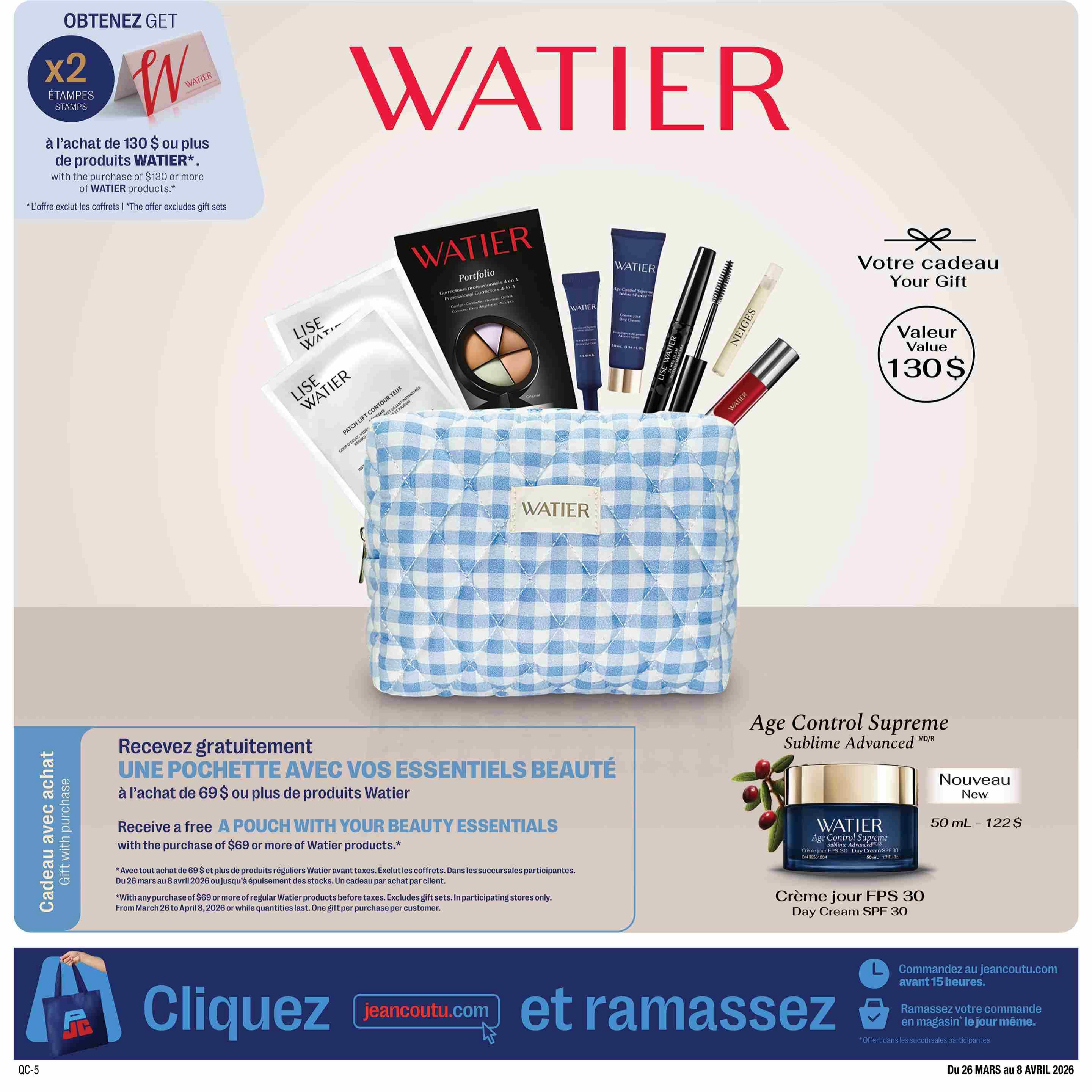 Jean Coutu Beauty Book flyer page featuring Watier products. Get double stamps with the purchase of $130 or more of Watier products. Receive a free pouch with your beauty essentials with the purchase of $69 or more of Watier products. The offer excludes gift sets and is valid from March 26 to April 8, 2026, or while quantities last. A gift valued at $130 is shown. Featured products include Watier Portfolio, Lise Watier eye contour patches, a mascara, a lipstick, and Watier Age Control Supreme Sublime Advanced Day Cream SPF 30 (50 mL) for $122. The bottom of the page displays 'Click and collect' information for jeancoutu.com.