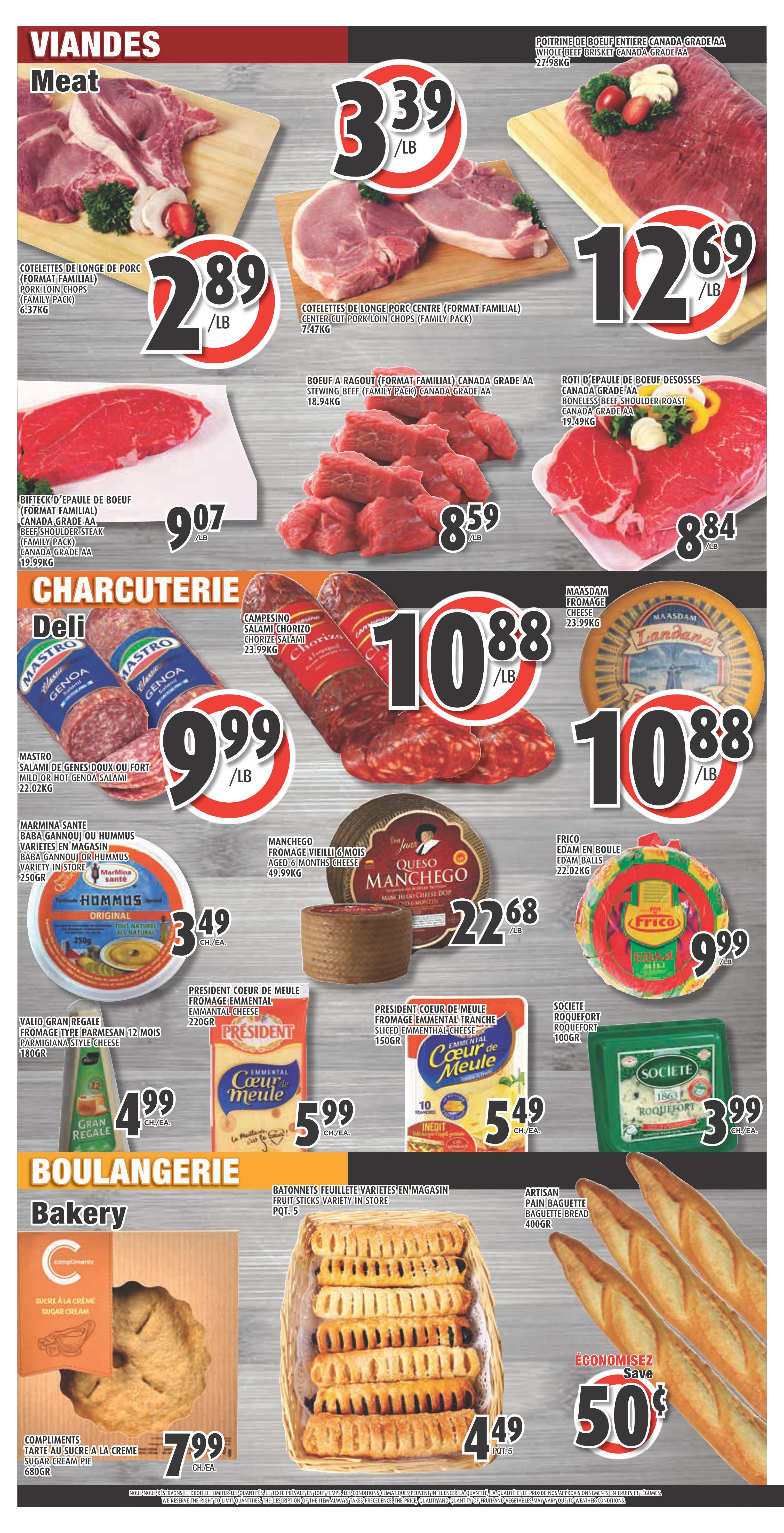 Esposito Weekly Flyer Specials, Page 2. Meat section features Pork Loin Chops at $2.89/lb, Center Cut Pork Loin Chops at $3.39/lb, and Whole Beef Brisket at $12.69/lb. Also available are Beef Stewing Beef at $8.59/lb, Boneless Beef Shoulder Roast at $8.84/lb, and Beef Steak at $9.07/lb. The Charcuterie section offers Mastro Salami at $9.99/lb, Campesino Salami Chorizo at $10.88/lb, and Maasdam cheese at $10.88/lb. Other deli items include Marmia Sante Hummus for $3.49 each, Manchego cheese aged 6 months for $22.68/lb, Frico Edam Balls for $9.99/lb, Valio Gran Regale Parmesan cheese for $4.99 each, President Emmental Sliced Cheese for $5.99 each, and Societe Roquefort cheese for $3.99 each. The Bakery section includes Compliments Sugar Cream Pie for $7.99 each, assorted pastry sticks for $4.49 for a pack of 5, and Artisan Bread Baguettes for 50 cents off.