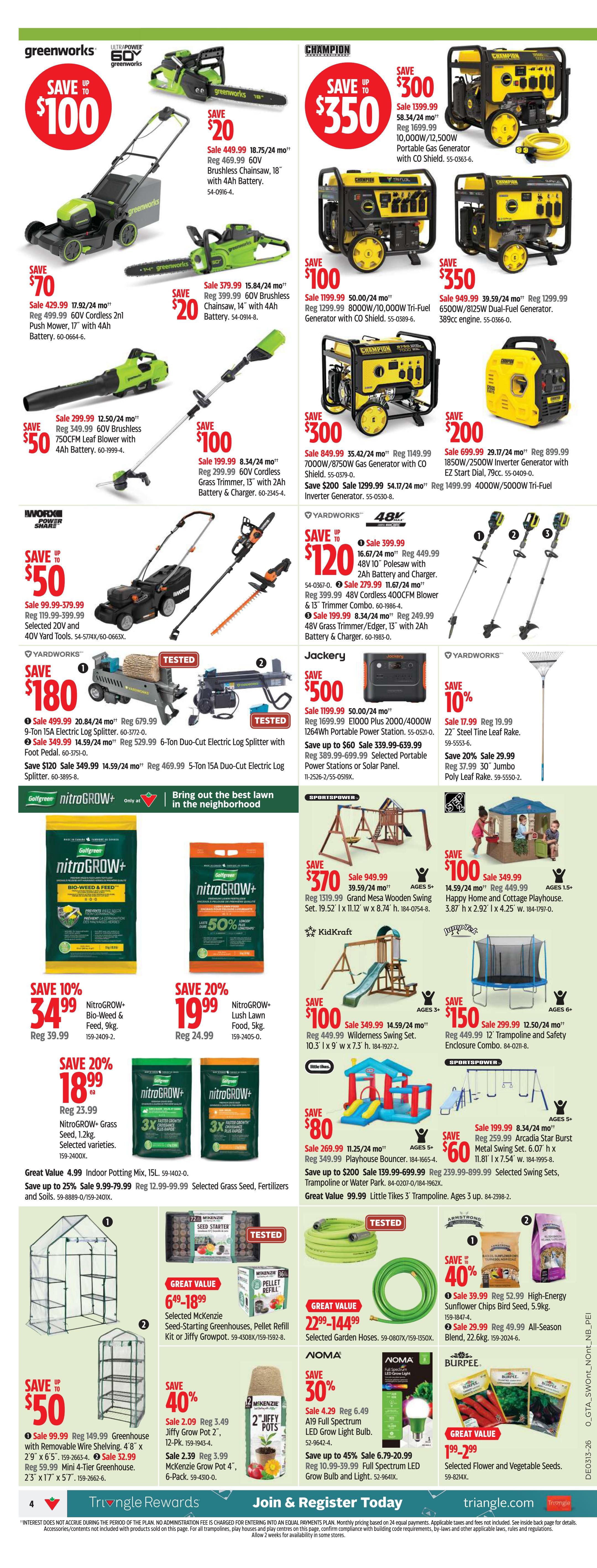 Canadian Tire Ontario flyer page 4 features a wide selection of lawn and garden equipment, outdoor play structures, and home essentials. Top deals include Greenworks 60V Brushless Chainsaw for $449.99 (save $20), Greenworks 60V Cordless Push Mower for $429.99 (save $70), and Champion 10,000W/12,500W Portable Gas Generator with CO Shield for $1,399.99 (save $300). Also featured are Yardworks 48V Trimmer Combo for $399.99 (save $120), and Yardworks 48V Grass Trimmer/Edger for $249.99 (save $199.99). For the garden, find NitroGROW+ Bio-Weed & Feed for $34.99 (save $10.99), NitroGROW+ Lush Lawn Food for $19.99 (save $20), and NitroGROW+ Grass Seed for $18.99 (save $20). Outdoor play options include KidKraft Grand Mesa Wooden Swing Set for $949.99 (save $370), KidKraft Wilderness Swing Set for $449.99 (save $100), and KidKraft Happy Home and Cottage Playhouse for $449.99 (save $100). Other items include a trampoline and safety enclosure combo for $299.99 (save $150), a Playhouse Bouncer for $269.99 (save $80), and an Arcadia Star Burst Metal Swing Set for $199.99 (save $60). Gardening supplies include selected McKenzie Greenhouses for $499.99 (save $50), McKenzie Seed-Starting Greenhouses, Pellet Refill Kit or Jiffy Growpot for $64.99, Jiffy Grow Pot 2' for $2.09 (save 40%), and McKenzie Grow Pot 4' 6-Pack for $2.39. Also available are selected garden hoses for $27.99 (great value), Noma A19 Full Spectrum LED Grow Light Bulb for $4.29 (save 30%), Noma Full Spectrum LED Grow Bulb and Light for $6.79 (save up to 45%), Burpee Selected Flower and Vegetable Seeds for $1.99-$2.99 (great value), and a 22' Steel Tine Leaf Rake for $17.99 (save 10%).