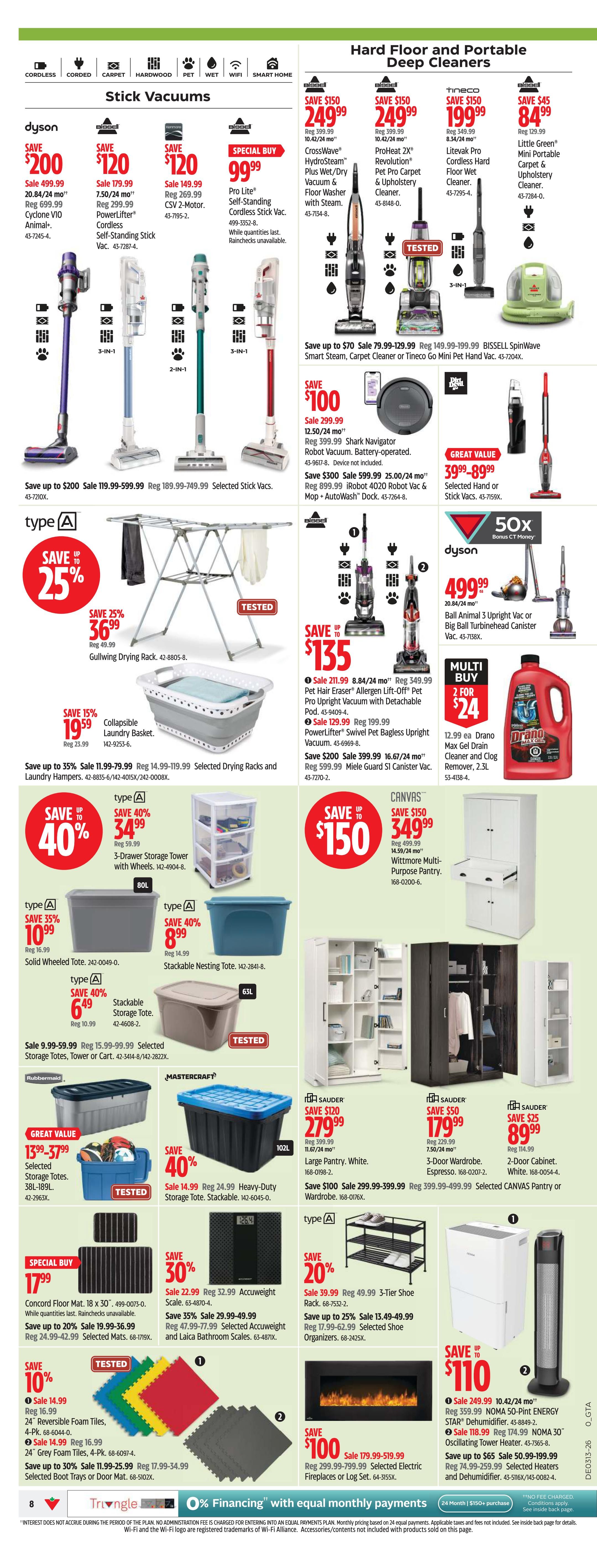 Canadian Tire Ontario Weekly Flyer Specials Page 8 features a wide selection of cleaning and storage solutions. Top section showcases Stick Vacuums with savings up to $200 on Dyson Cyclone V10 Animal, $120 off Bissell Self-Standing Stick Vacs, and a special buy of $99.99 for the Pro Lite Self-Standing Cordless Stick Vac. Also featured are Hard Floor and Portable Deep Cleaners, including Bissell SpinWave Smart Steam Carpet Cleaners starting at $70, and Tineco Go Mini Pet Hand Vac for $129.99. Dyson Ball Animal 3 Upright Vac or Big Ball Turbinehead Canister Vac is on sale for $499.99. Storage solutions include Gullwing Drying Racks at $36.99 (save 25%), Collapsible Laundry Baskets for $19.59 (save 15%), and various storage totes like the Solid Wheeled Tote for $10.99 (save 35%) and Stackable Nesting Totes for $8.99 (save 40%). Canvas Wittmore Multi-Purpose Pantry is $349.99 (save $150). Sauder storage units are also available, including a Large Pantry in White for $279.99 (save $120), a 3-Door Wardrobe in Espresso for $179.99 (save $50), and a 2-Door Cabinet in White for $89.99 (save $25). Other items include Concord Floor Mats for $17.99, Reversible Foam Tiles for $10, Grey Foam Tiles for $10, and a selection of selected boot trays or door mats. Additionally, there's a save up to $110 on NOMA 50-pint ENERGY STAR Dehumidifier and Oscillating Tower Heater, and a save $100 on selected electric fireplaces or log sets. A 3-Tier Shoe Rack is on sale for $39.99 (save 20%), and selected shoe organizers are $17.99 (save up to 25%). All items are available with 0% financing with equal monthly payments.
