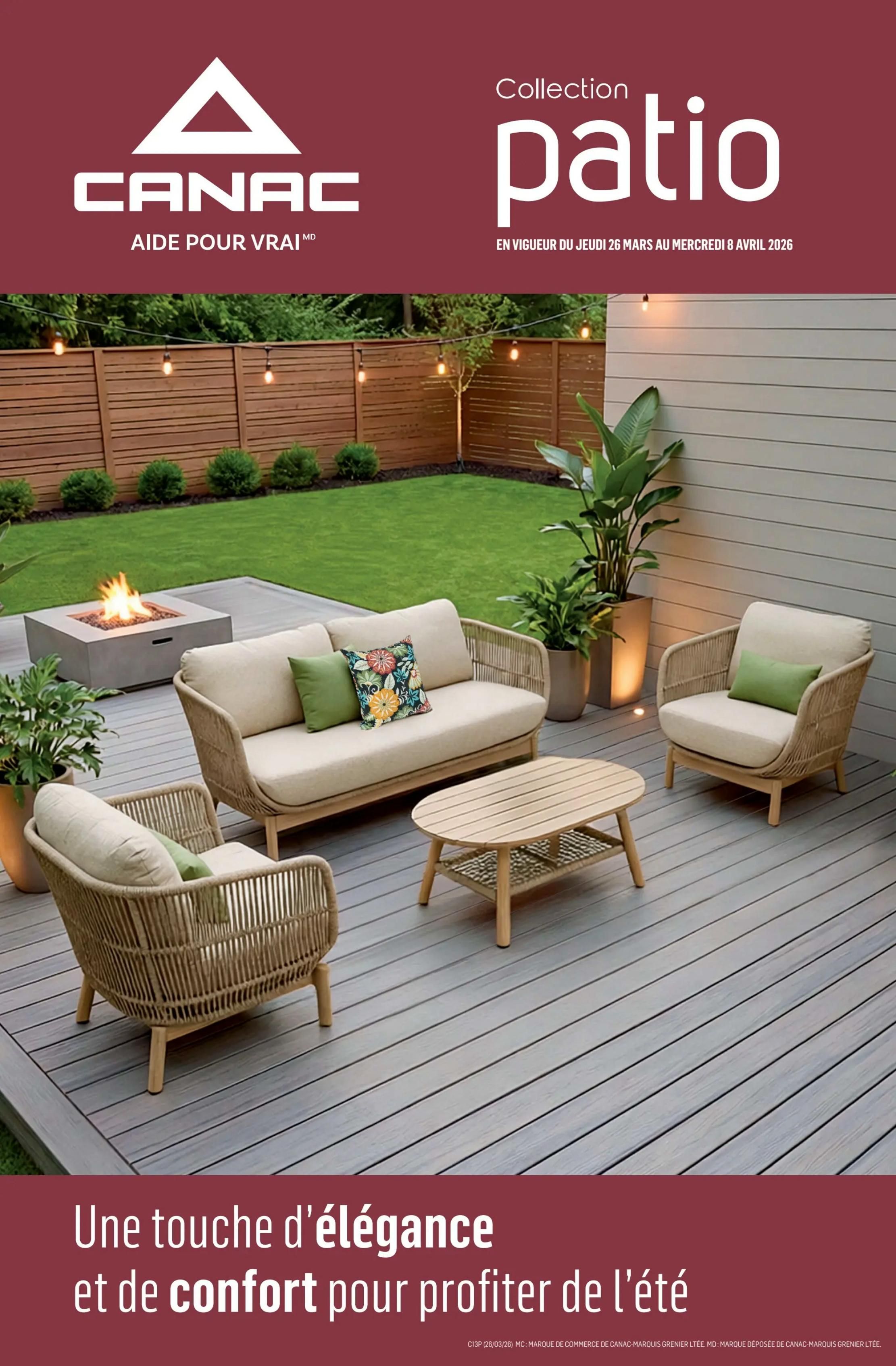 Canac Patio Collection flyer, valid from March 26 to April 8, 2026. The page features an elegant outdoor living space with a modern fire pit, a two-seater sofa with cushions, a comfortable armchair, and a slatted coffee table, all set on a grey composite deck. The text 'A touch of elegance and comfort to enjoy the summer' is displayed at the bottom. This page showcases patio furniture and decor to enhance outdoor enjoyment.