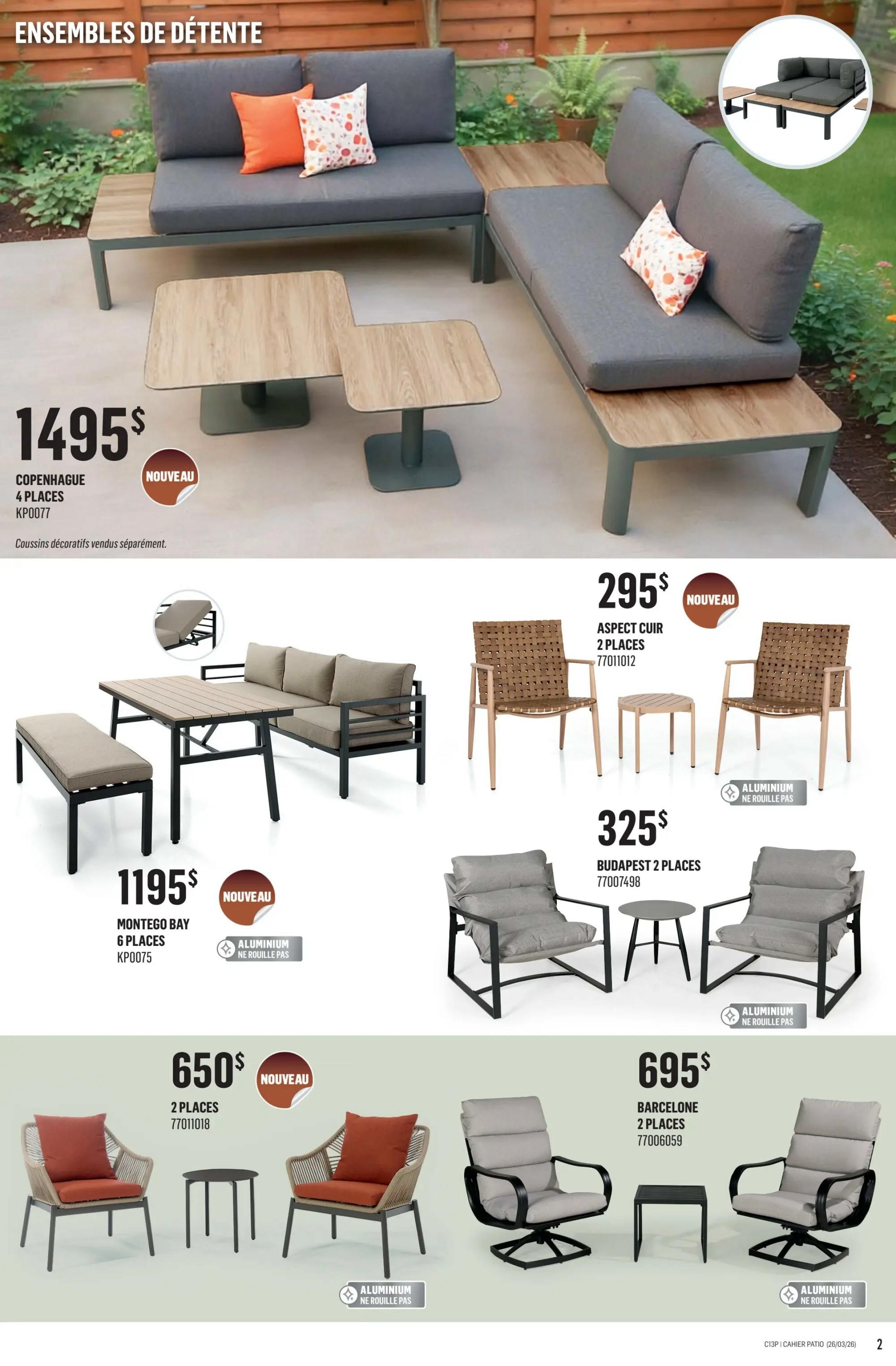 Canac flyer page 2 features patio sets. The Copenhagen 4-piece set is $1495. The Montego Bay 6-piece set is $1195. The Aspect Cuir 2-place set is $295 and is new. The Budapest 2-place set is $325 and is made of rust-proof aluminum. The Barcelone 2-place set is $695 and is also made of rust-proof aluminum. Decorative cushions are sold separately for the Copenhagen set.
