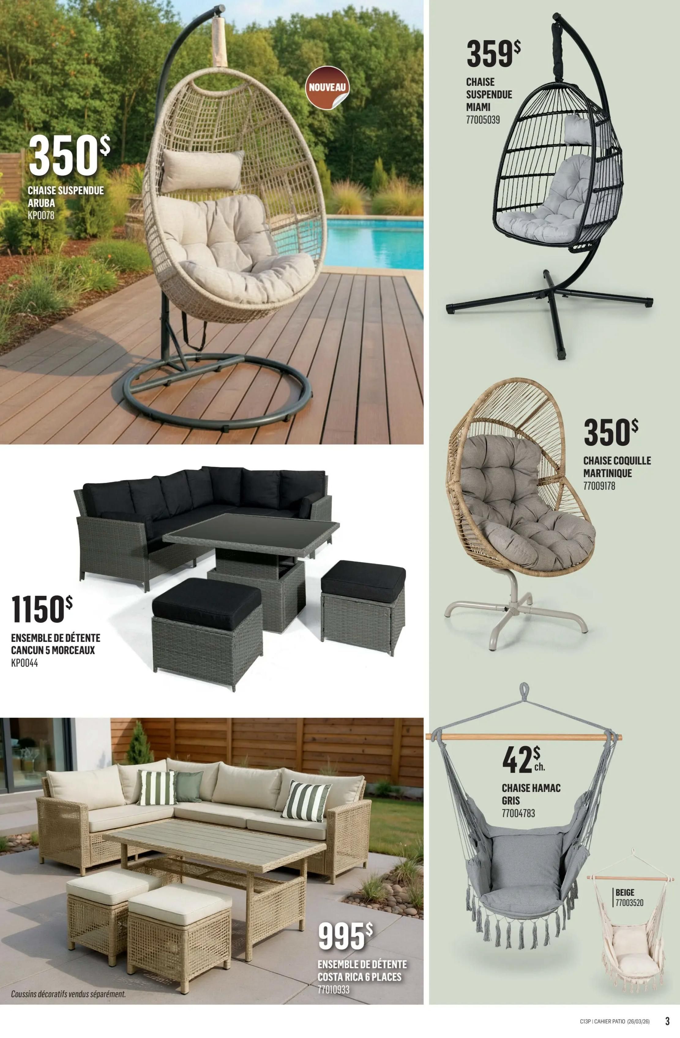 Canac Patio Collection flyer, page 3. Features a 'Nouveau' hanging Aruba swing chair for $350. Also available is a black Miami hanging swing chair for $359. A large Cancun 5-piece sectional seating set with a table and ottomans is priced at $1150. A rattan 'coquille' Martinique chair is $350. A light beige Costa Rica 6-place sectional seating set with a table and ottomans is $995. Decorative cushions sold separately. A grey 'hamac' chair is $42, and a beige 'hamac' chair is also available. The flyer is valid from March 26 to April 8, 2026.