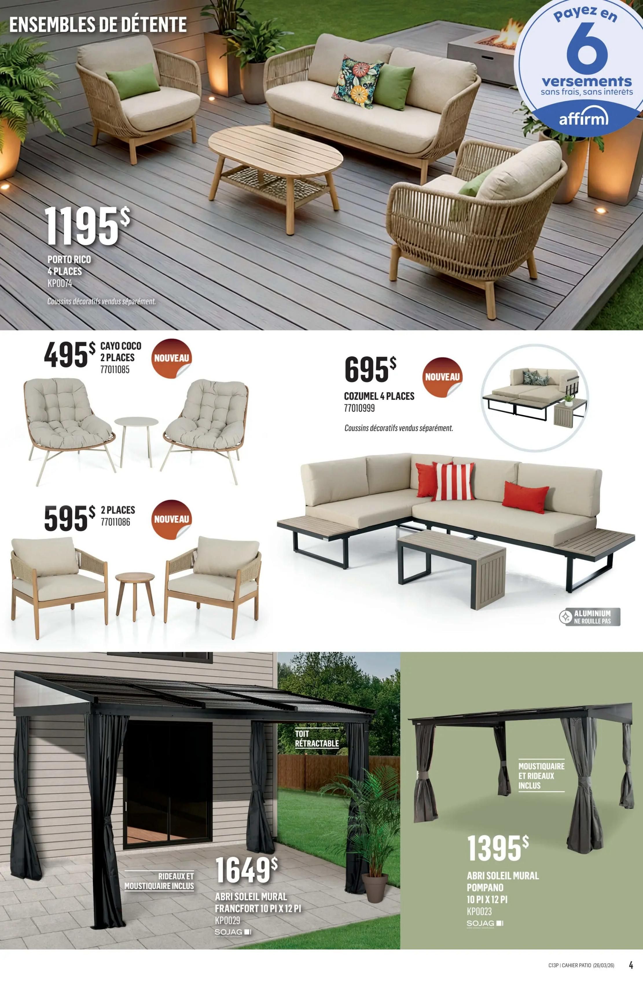 Canac Patio Collection flyer, page 4. Features a large 'Porto Rico' 4-seater patio set for $1195, with decorative cushions sold separately. Also available are the 'Cayo Coco' 2-seater set for $495 and another 2-seater set for $595, both marked as new arrivals. The 'Cozumel 4 Places' sectional patio set is priced at $695 and is made of aluminum that won't rust. Below, a 'Francfort' 10 ft x 12 ft mural sun shelter with retractable roof, including curtains and mosquito net, is available for $1649. To the right, a 'Pompano' 10 ft x 12 ft mural sun shelter with mosquito net and curtains is priced at $1395. Affirm financing is available for 6 interest-free payments.