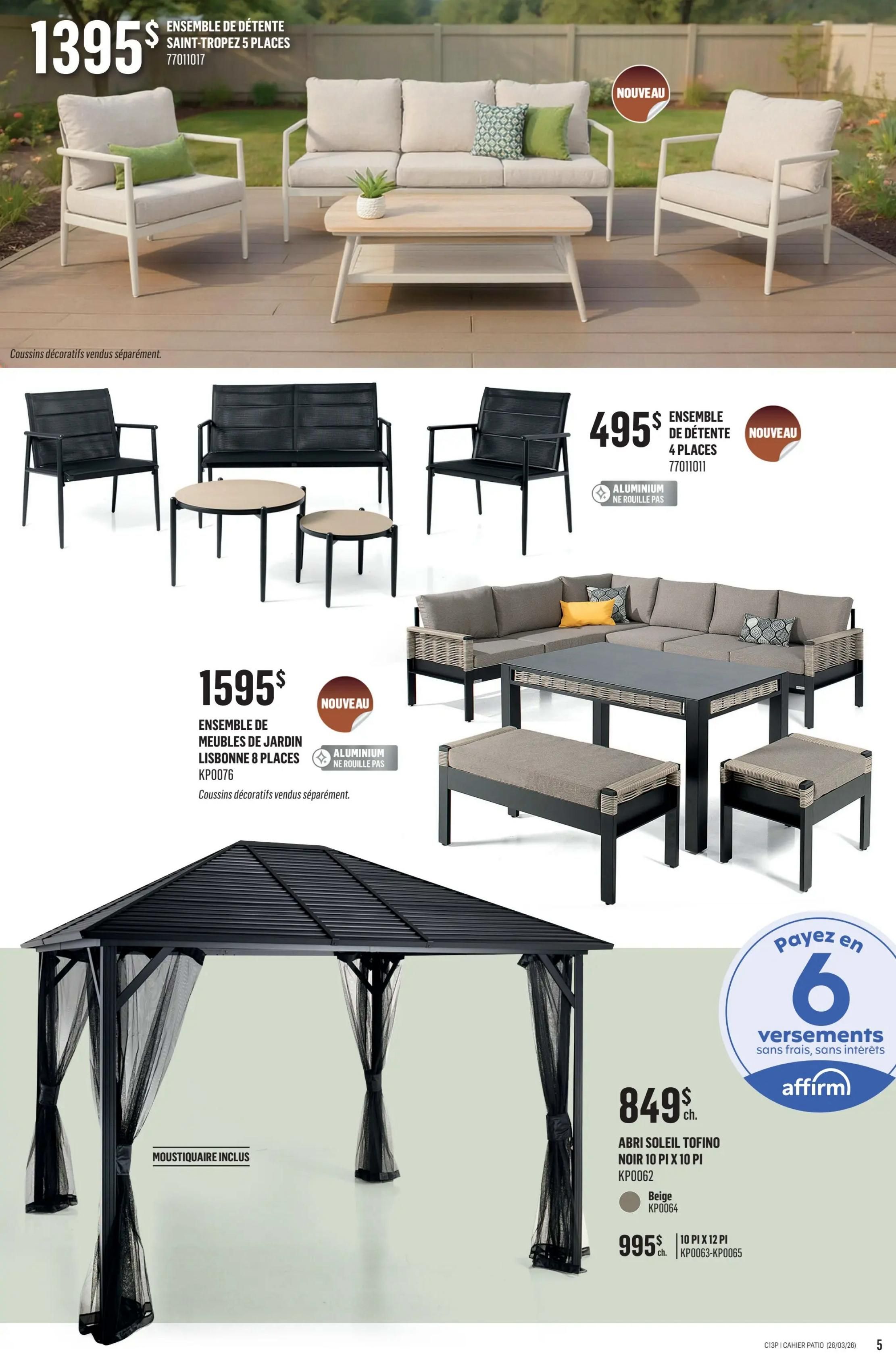 Canac Patio Collection flyer, page 5. Features a 5-piece Saint-Tropez patio set for $1395. Also available is a 4-piece patio set for $495, noted as new and made of aluminum that won't rust. A large 8-piece Lisbon patio furniture set is priced at $1595 and is also made of aluminum that won't rust. Decorative cushions are sold separately for these sets. A black gazebo with netting is shown, with the text 'Mosquito net included'. The gazebo is available in two sizes: 10 ft x 10 ft Tofino sun shelter in black for $849, and a 10 ft x 12 ft model for $995. Payment options include 6 interest-free installments with Affirm.