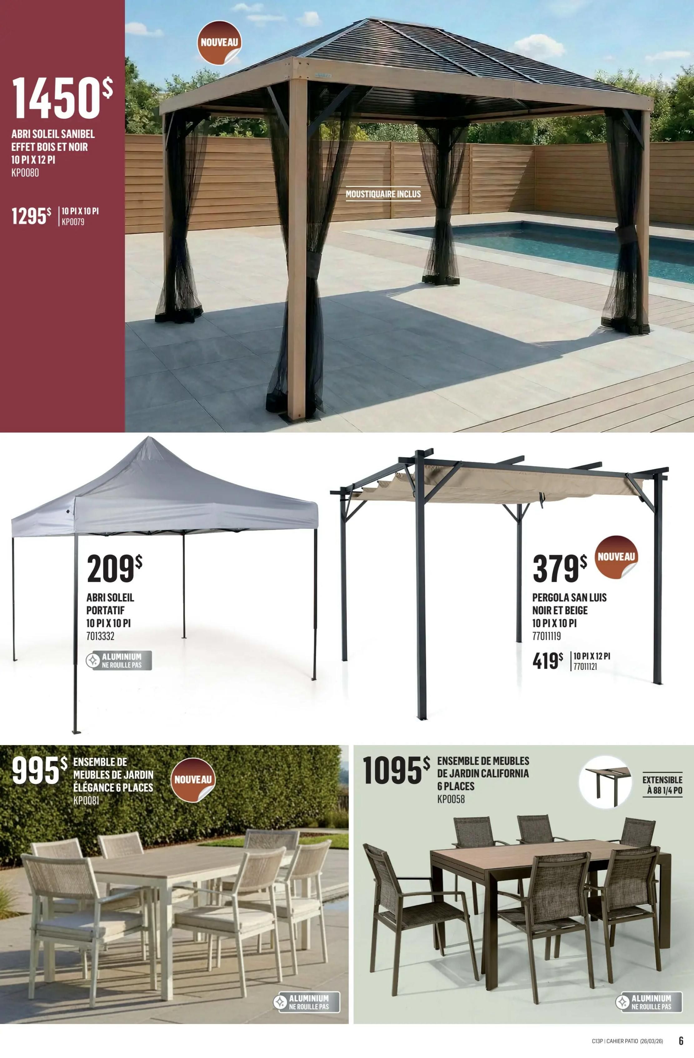 Canac patio collection flyer, page 6. Features a large Sanibel gazebo with wood and black finish, 10 ft x 12 ft, priced at $1450. A smaller version is available for $1295. Also shown is a portable sun shelter, 10 ft x 10 ft, for $209, made of rustproof aluminum. A San Luis pergola in black and beige, 10 ft x 10 ft, is $379, with a 10 ft x 12 ft size for $419. A new 6-piece Elegance patio dining set is $995, made of rustproof aluminum. Another new 6-piece California patio dining set is $1095 and is extendable to 88 1/4 inches.