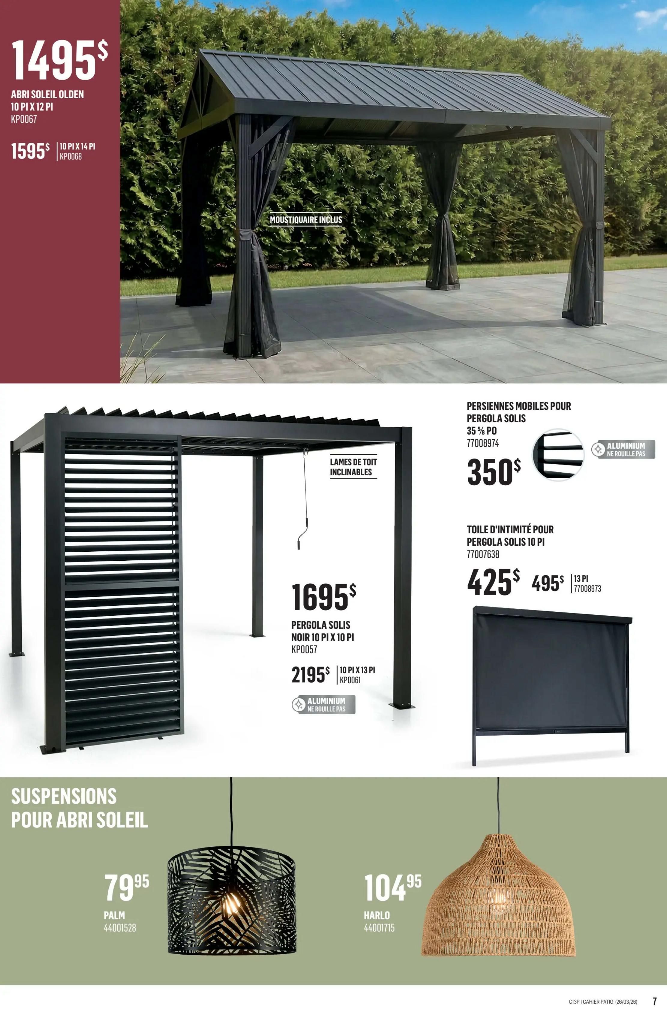 Canac Patio Collection flyer, page 7. Features the Olden gazebo, available in 10 ft x 12 ft for $1495 or 10 ft x 14 ft for $1595, including mosquito netting. Also shown is the Solis pergola in black, 10 ft x 10 ft, with adjustable roof slats, priced at $1695. An additional size, 10 ft x 13 ft, is available for $2195. Accessories for the Solis pergola include mobile louvers for $350 and a privacy screen for $425 (regularly $495). The page also displays two patio light fixtures: the Palm suspension light for $79.95 and the Harlo suspension light for $104.95.