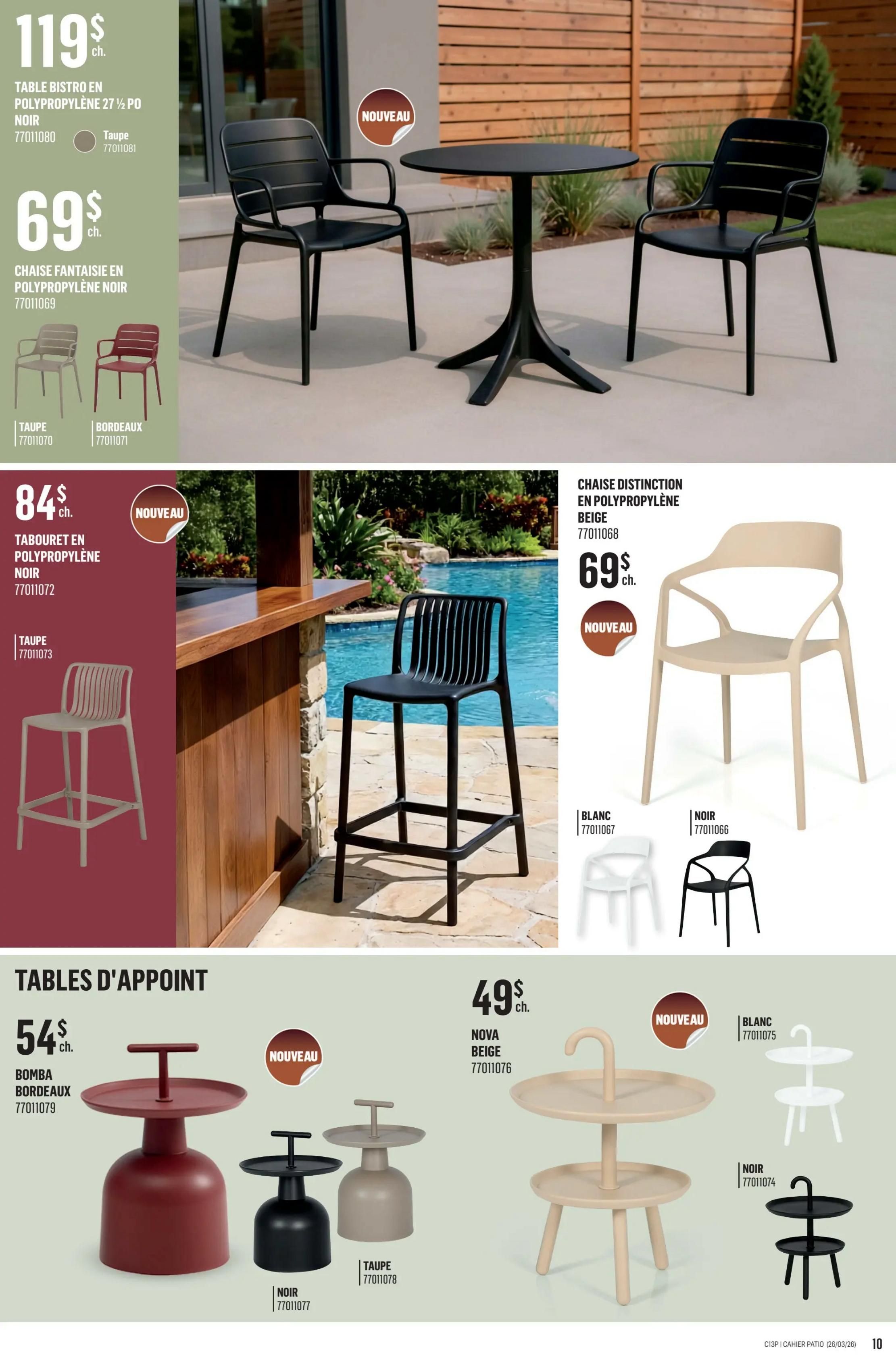Canac Patio Collection flyer, page 10. Features a black polypropylene bistro table for $119. Also available is a black polypropylene fantasy chair for $69, with options in taupe and bordeaux. A new taupe polypropylene bar stool is $84. The Distinction polypropylene chair in beige is $69, with white and black options available. Side tables include the Bomba side table in bordeaux for $54, and the Nova side table in beige for $49, with black and white options also shown.