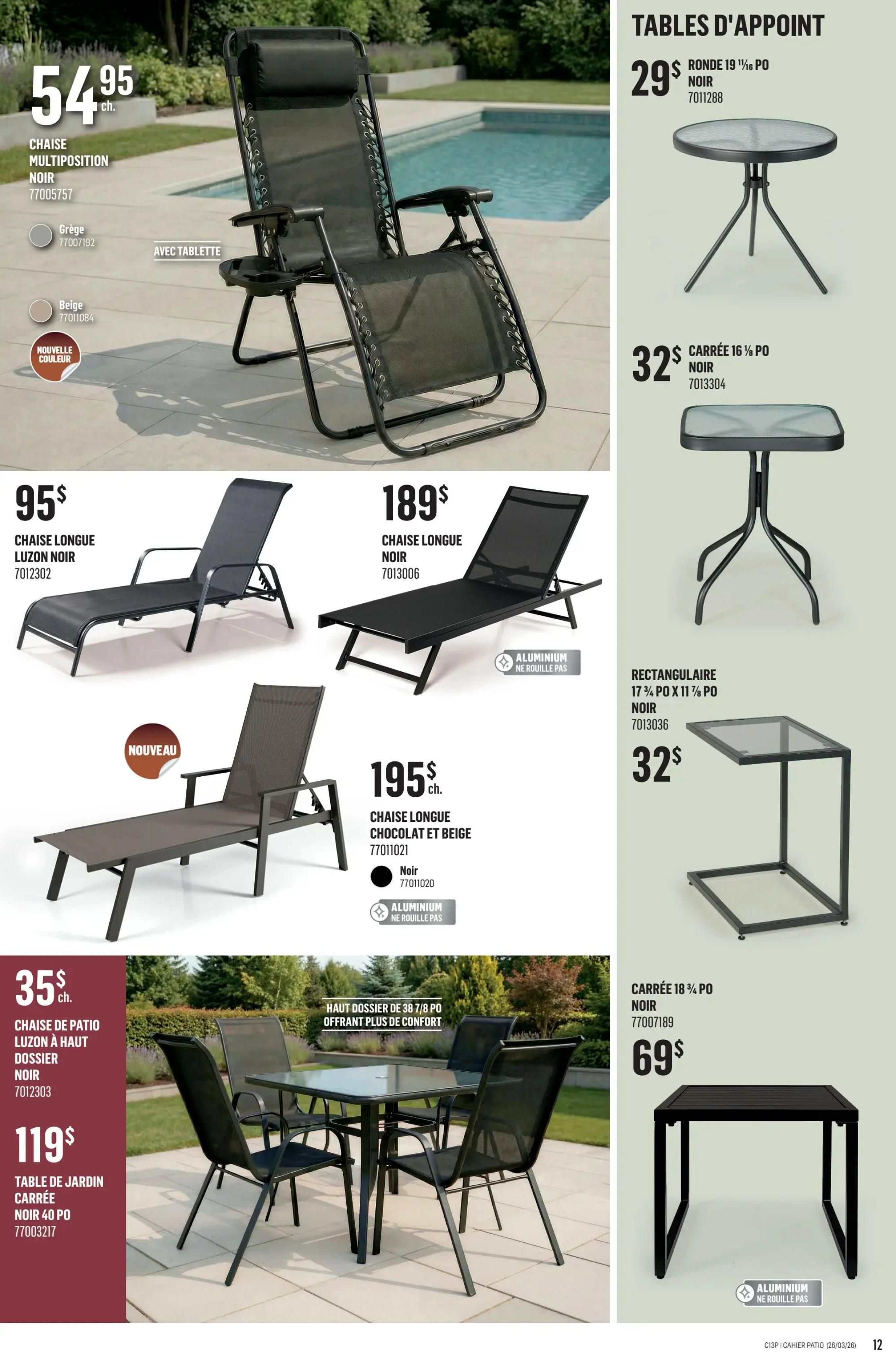 Canac flyer page 12 features patio furniture. A black multi-position reclining chair with a headrest and tray is priced at $54.95. It is available in grey or beige. Also shown is a black Luzon chaise lounge for $95 and another black Luzon chaise lounge for $189. A new arrival is a chocolate and beige Luzon chaise lounge for $195, made of rustproof aluminum. A black patio chair with a high back is $35, and a black square patio dining table (40 inches) is $119. Side tables include a round 19 1/4 inch black table for $29, a square 16 1/2 inch black table for $32, and a rectangular 17 3/4 x 11 3/4 inch black table for $32. A larger square 18 3/4 inch black table is $69, also made of rustproof aluminum.