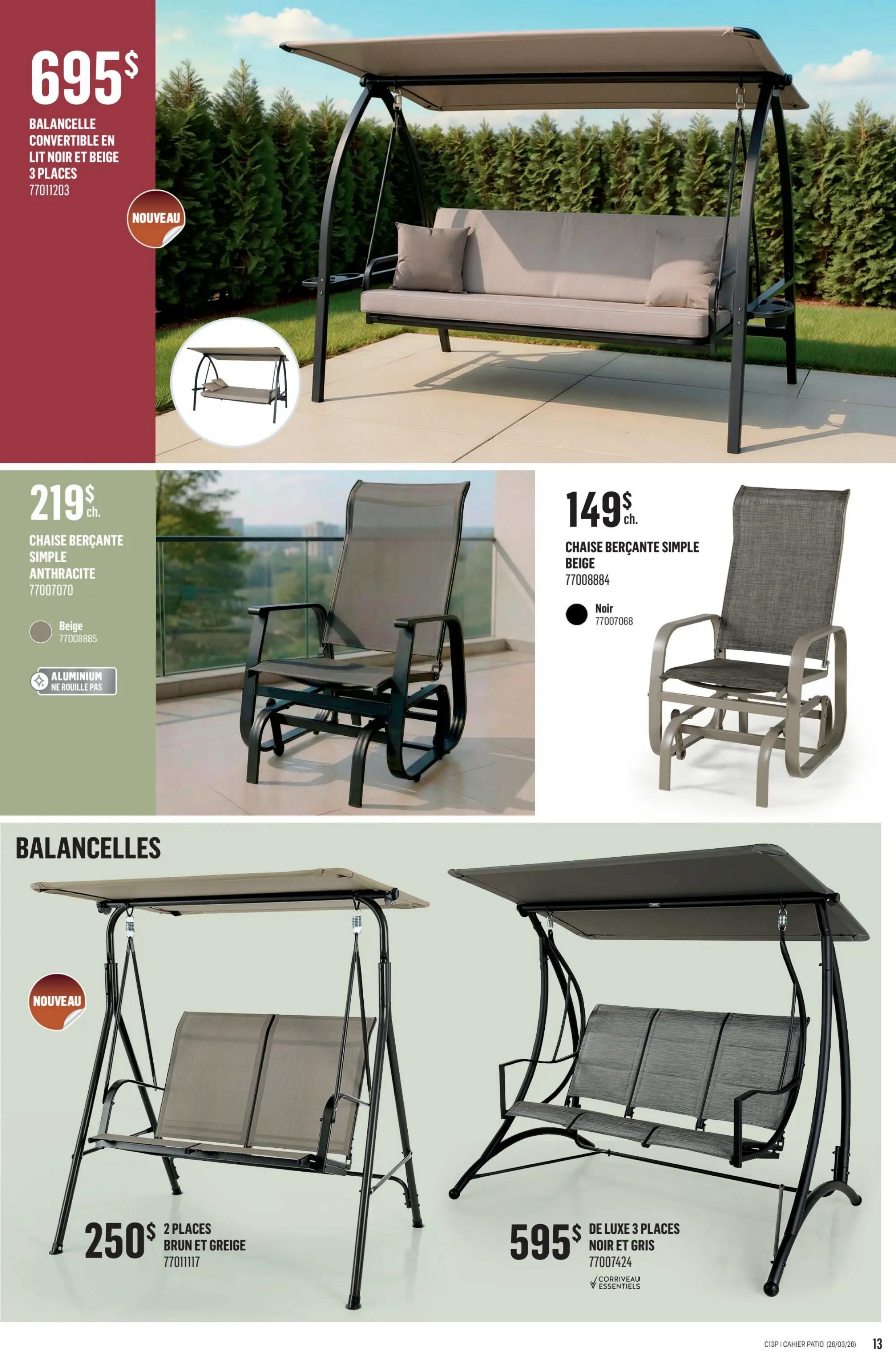 Canac Patio Collection flyer, page 13. Features a large convertible patio swing in black and beige for 3 people, priced at $695. Also available is a simple beige glider chair for $219, made of aluminum that won't rust. A simple black glider chair is shown for $149. Below, a new 2-seater patio swing in brown and beige is available for $250. Finally, a deluxe 3-seater patio swing in black and grey is priced at $595.