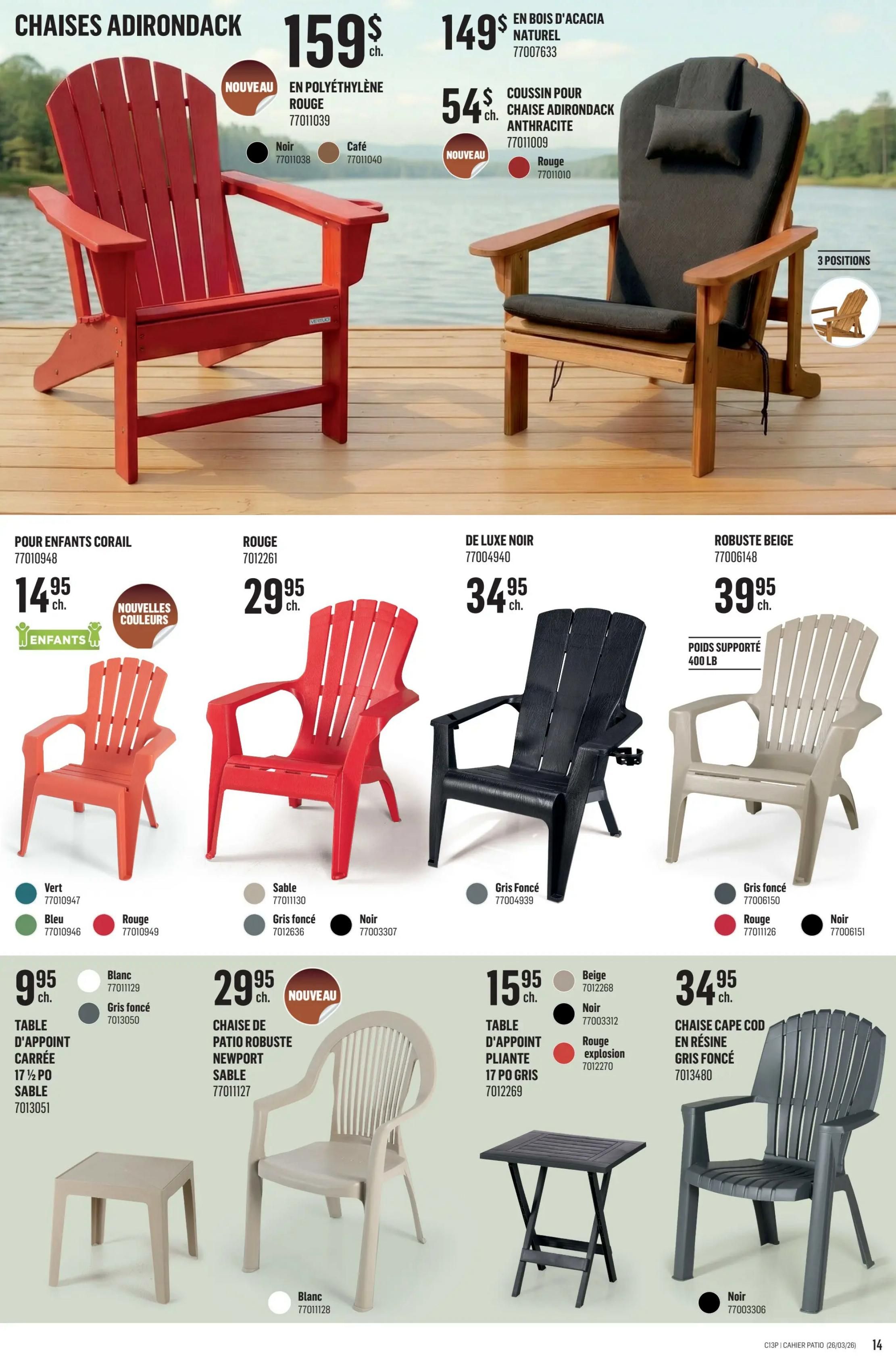 Canac patio collection flyer, page 14. Features Adirondack chairs in red polyethylene for $159 each, and a natural acacia wood Adirondack chair for $149 with a new anthracite cushion for $54. Also available are children's coral chairs for $14.95, red chairs for $29.95, and a black deluxe chair for $34.95. A beige robust chair is priced at $39.95, supporting 400 lbs. Side tables include a square accent table in sand for $9.95, a folding accent table in grey for $15.95, and a grey resin Cape Cod chair for $34.95.