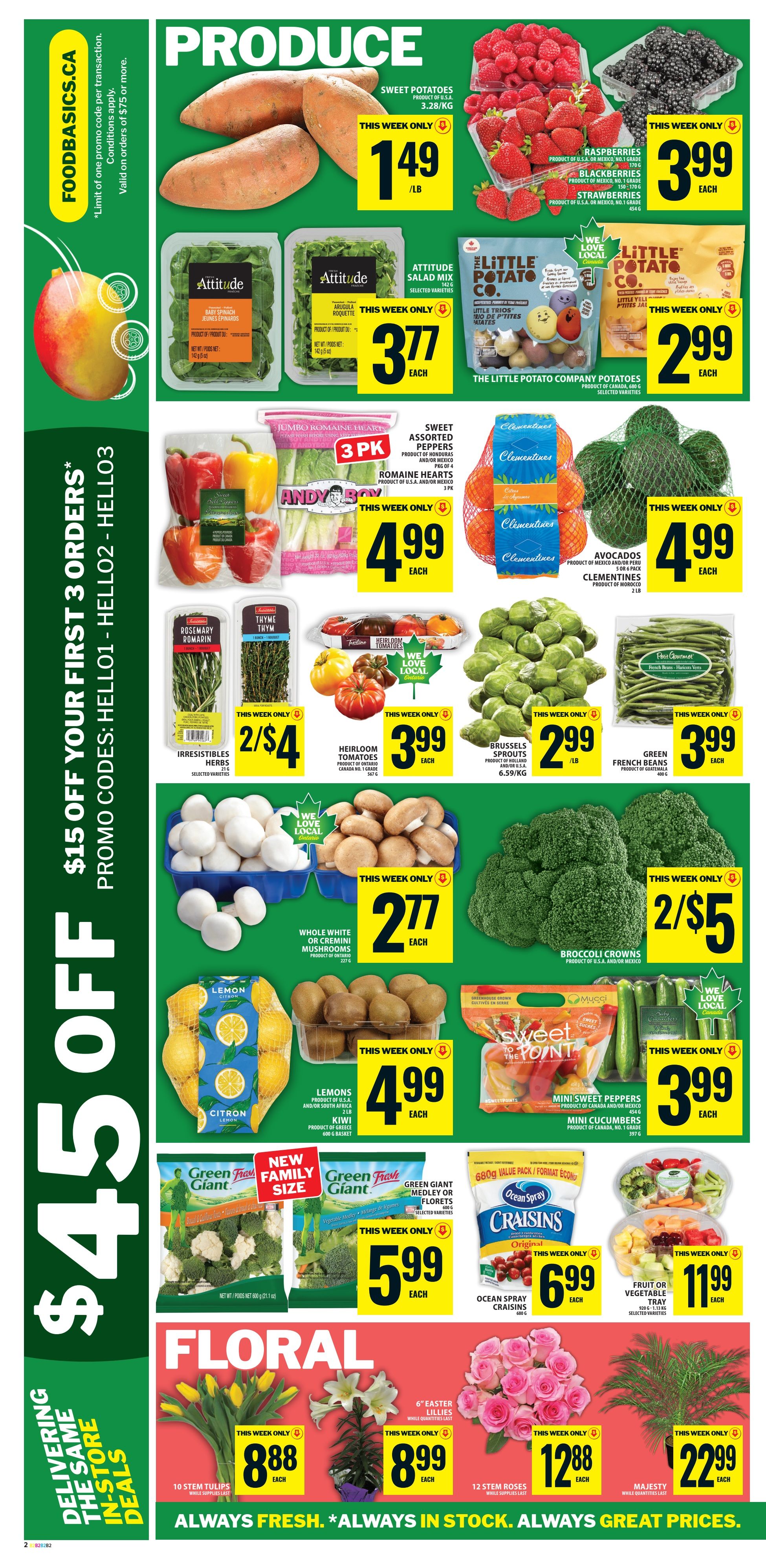 Food Basics weekly flyer specials page 5 features a wide selection of fresh produce and floral items. Produce highlights include sweet potatoes at $1.49/lb, raspberries and blackberries at $3.99 each, Attitude baby spinach and salad mix at $3.77 each, and The Little Potato Company potatoes for $2.99 each. Also featured are 3-pack Andy Boy romaine hearts for $4.99, clementines for $4.99, and avocados for $4.99. Irresistibles herbs are on sale 2 for $4, heirloom tomatoes are $3.99, Brussels sprouts are $2.99/lb, and green French beans are $3.99. Whole white or cremini mushrooms are $2.77 each. Lemons are $4.99, and kiwi are also $4.99. Green Giant medleys or florets are $5.99 each. Ocean Spray Craisins are $6.99, and a fruit or vegetable tray is $11.99. The floral section includes 10-stem tulips for $8.88, 6' Easter lilies for $8.99, 12 stem roses for $12.88, and a majesty plant for $22.99. The flyer also promotes $15 off your first 3 orders with promo codes HELLO1, HELLO2, or HELLO3 on orders of $75 or more.