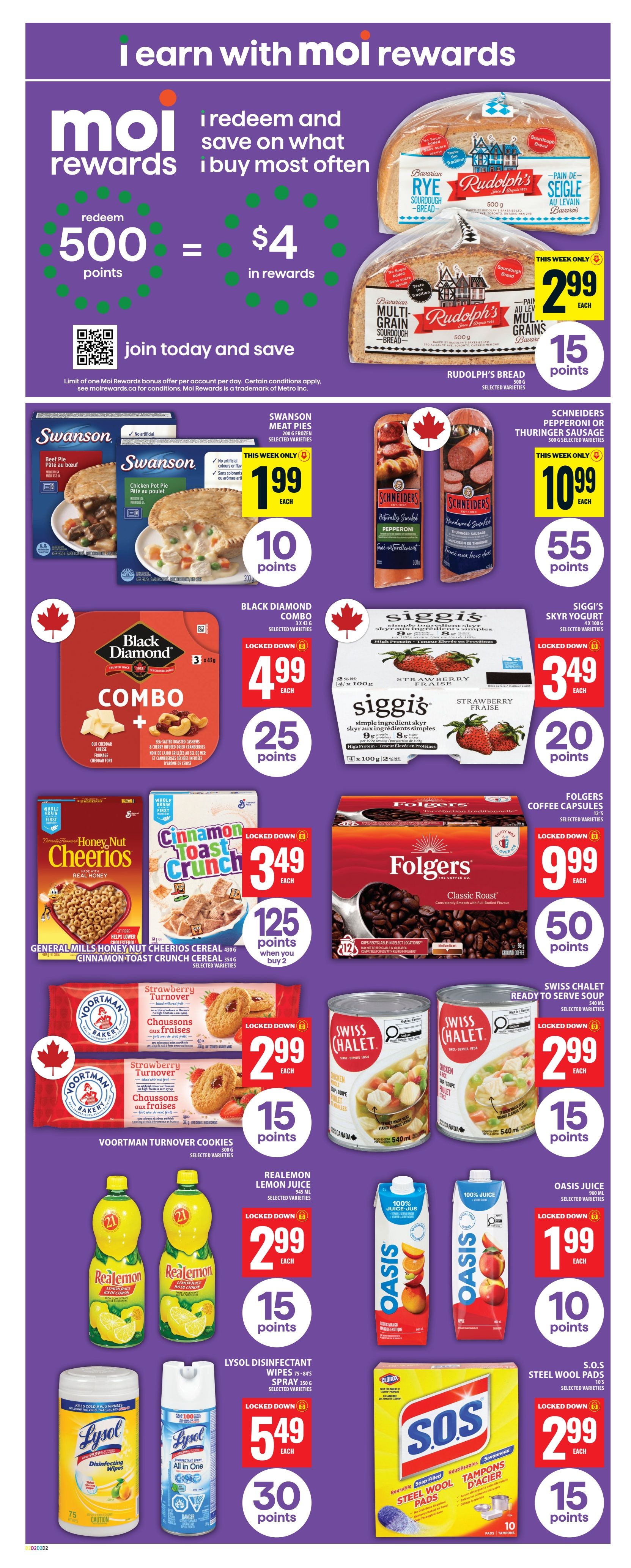 Food Basics weekly flyer specials page 12 features Moi Rewards where 500 points redeem for $4 in rewards. Featured products include Rudolph's Rye Sourdough Bread and Multi-Grain Sourdough Bread for $2.99 each with 15 points. Swanson Meat Pies are $1.99 each with 10 points. Schneiders Pepperoni or Thuringer Sausage is $10.99 with 55 points. Black Diamond Combo cheese is $4.99 with 25 points. Siggi's Skyr Yogurt is $3.49 with 20 points. General Mills Honey Nut Cheerios Cereal and Cinnamon Toast Crunch Cereal are $3.49 each with 125 points when you buy 2. Voortman Turnover Cookies are $2.99 each with 15 points. Folgers Coffee Capsules are $9.99 with 50 points. Swiss Chalet Ready to Serve Soup is $2.99 each with 15 points. Realemon Lemon Juice is $2.99 with 15 points. Oasis Juice is $1.99 with 10 points. Lysol Disinfectant Wipes and Spray are $5.49 each with 30 points. S.O.S. Steel Wool Pads are $2.99 with 15 points.