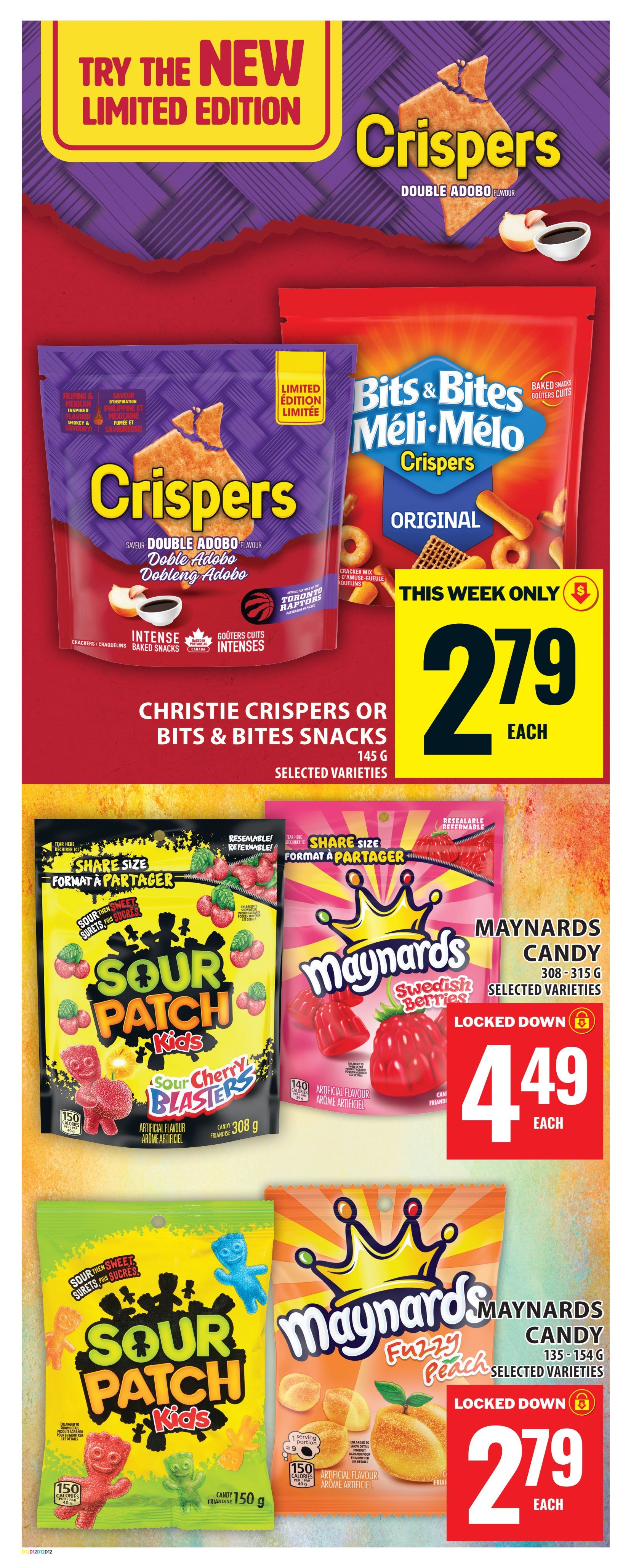 Food Basics weekly flyer specials page 18 features a new limited edition Christie Crispers Double Adobo flavour and Bits & Bites Crispers Original baked snacks for $2.79 each. Also available are Share Size Sour Patch Kids Sour Cherry Blasters candy for $4.49 each, and Maynards Swedish Berries candy for $4.49 each. Additionally, find Maynards Fuzzy Peach candy for $2.79 each.