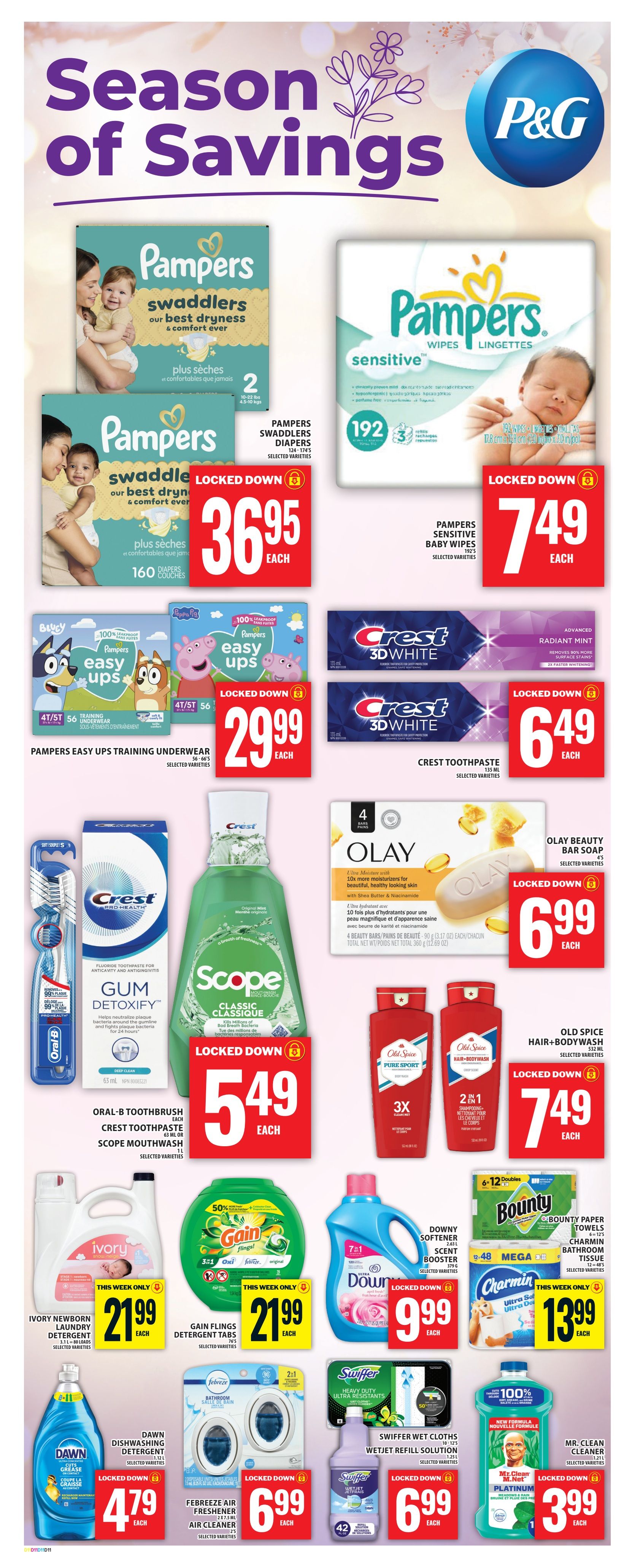Food Basics weekly flyer specials page 19 features a 'Season of Savings' promotion. Deals include Pampers Swaddlers diapers for $36.95 each and Pampers Sensitive Baby Wipes for $7.49 each. Also available are Pampers Easy Ups training underwear for $29.99 each. Oral-B Gum Detoxify toothbrush and Crest toothpaste are featured, along with Scope Classic Clean mouthwash for $5.49 each. Crest 3D White toothpaste is on sale for $6.49 each. Olay Beauty Bar Soap is $6.99 each. Old Spice Hair+Bodywash is $7.49 each. Ivory Newborn Laundry Detergent is $21.99, Gain Flings detergent tabs are $21.99, and Downy Fabric Softener is $9.99. Dawn Dishwashing Detergent is $4.79. Febreze Air Freshener and Air Cleaner are $6.99. Bounty Paper Towels and Charmin Bathroom Tissue are $13.99. Swiffer Wet Cloths Wetjet Refill Solution is $6.99, and Mr. Clean Clean Platinum is $3.99.