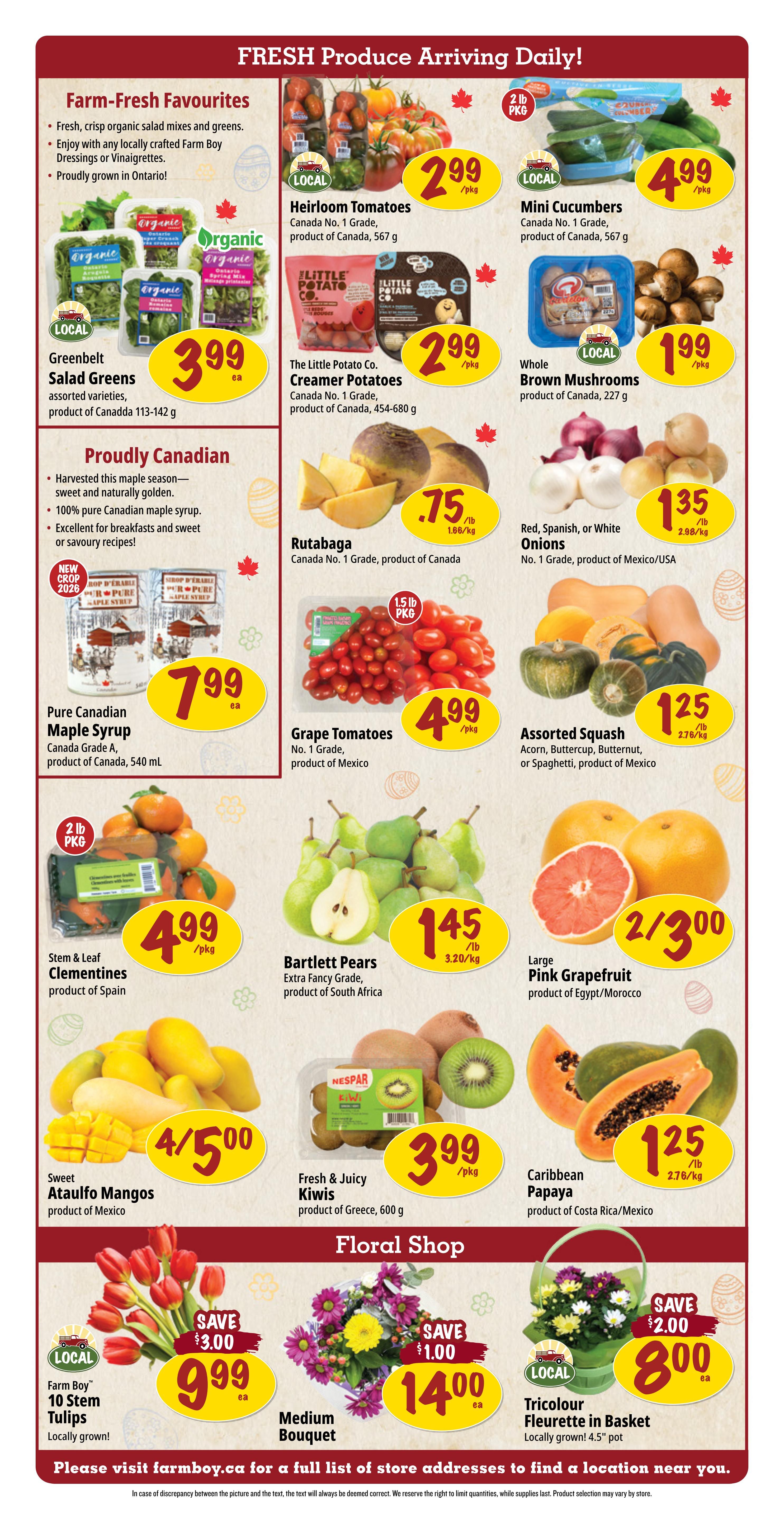 Farm Boy Weekly Flyer Specials Page 4: Fresh Produce Arriving Daily! Features Farm-Fresh Favourites like Greenbelt Salad Greens for $3.99 ea, and Heirloom Tomatoes for $2.99/pkg. Proudly Canadian items include Pure Canadian Maple Syrup for $7.99 ea. Other produce includes Mini Cucumbers for $4.99/pkg, The Little Potato Co. Creamer Potatoes for $2.99/pkg, Whole Brown Mushrooms for $1.99/pkg, Rutabaga for $0.75/lb, Red, Spanish, or White Onions for $1.35/lb, Grape Tomatoes for $4.99/pkg, Assorted Squash for $1.25/lb, Stem & Leaf Clementines for $4.99/pkg, Bartlett Pears for $1.45/lb, Large Pink Grapefruit for 2/$3.00, Sweet Ataulfo Mangos for 4/$5.00, Fresh & Juicy Kiwis for $3.99/pkg, and Caribbean Papaya for $1.25/lb. The Floral Shop offers Farm Boy 10 Stem Tulips for $9.99 ea (Save $3.00), a Medium Bouquet for $14.00 ea (Save $1.00), and a Tricolour Fleurette in Basket for $8.00 ea (Save $2.00).