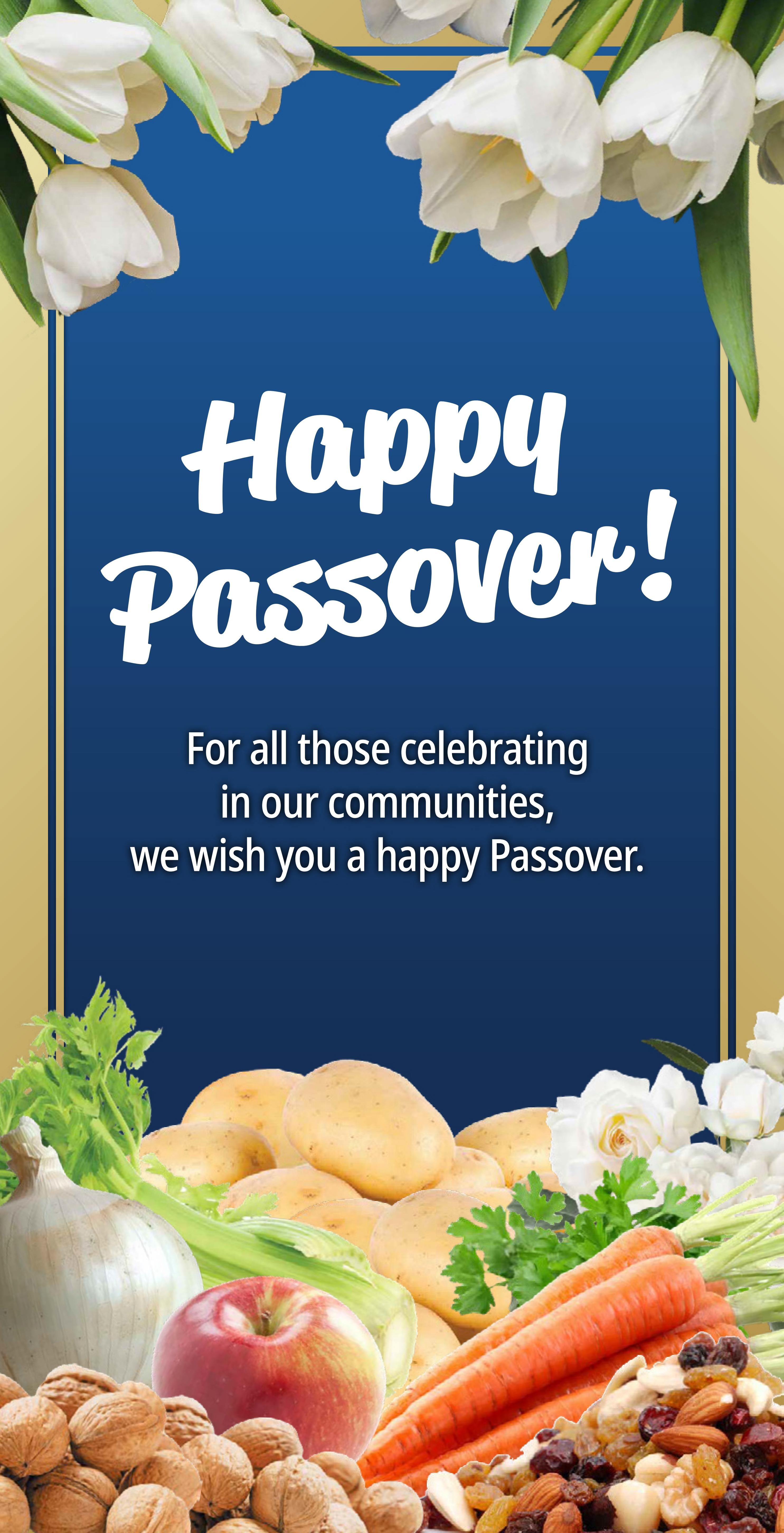 Farm Boy flyer page 8 features a 'Happy Passover!' greeting with a message wishing a happy Passover to those celebrating in our communities. The page is decorated with white tulips at the top and a selection of fresh produce and nuts at the bottom, including onions, celery, potatoes, carrots, apples, walnuts, almonds, and dried fruit.