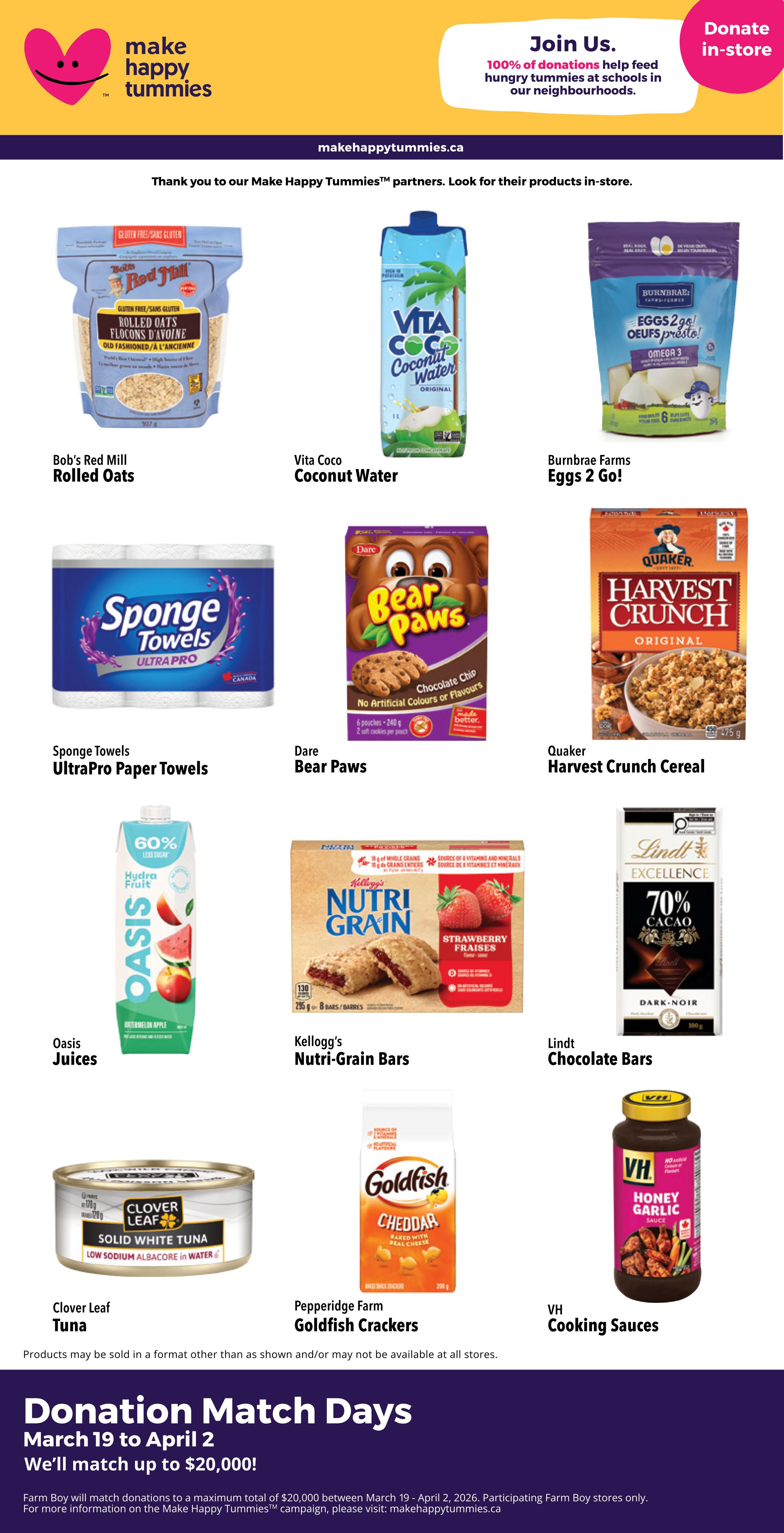 Farm Boy weekly flyer specials page 10 features a variety of products including Bob's Red Mill Rolled Oats, Vita Coco Coconut Water, Burnbrae Farms Eggs 2 Go!, Sponge Towels UltraPro Paper Towels, Dare Bear Paws cookies, Quaker Harvest Crunch Cereal, Oasis Juices, Kellogg's Nutri-Grain Bars, Lindt Chocolate Bars, Clover Leaf Solid White Tuna, Pepperidge Farm Goldfish Crackers, and VH Cooking Sauces. The page also highlights 'Make Happy Tummies' initiative with donation match days from March 19 to April 2, where Farm Boy will match donations up to $20,000.