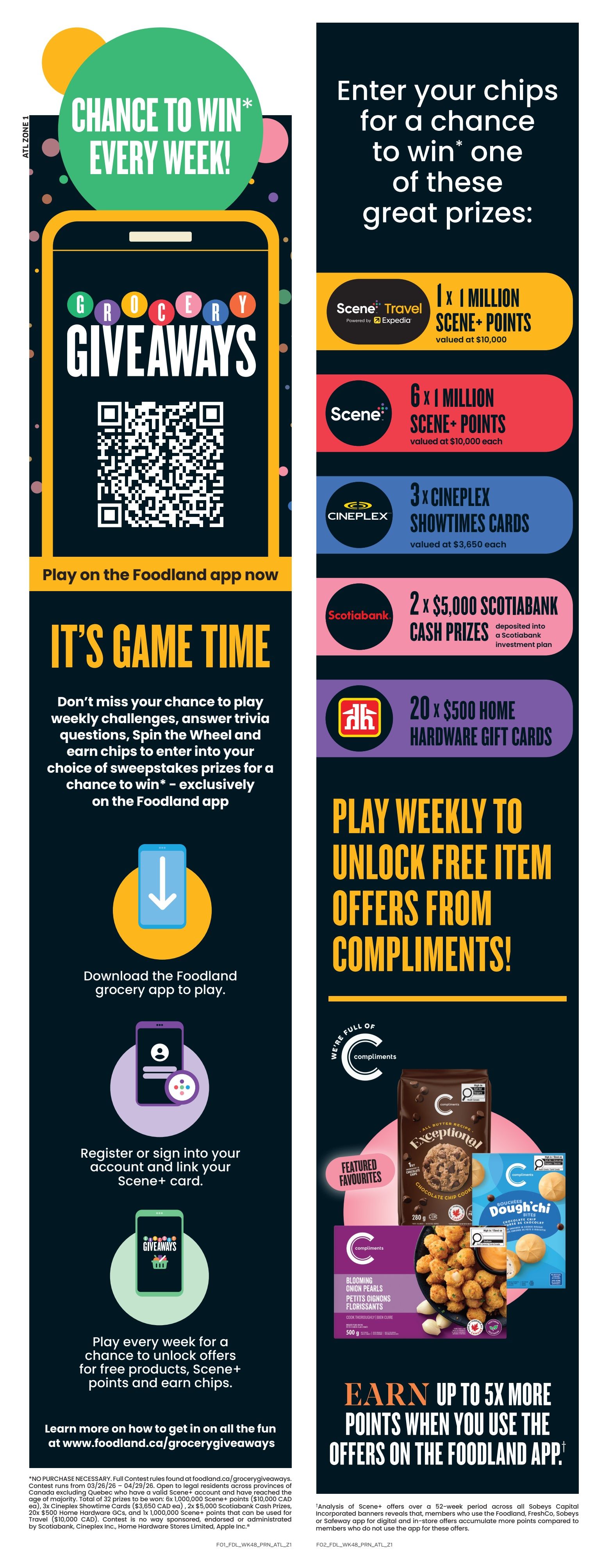 Foodland weekly flyer specials for Atlantic Canada, featuring Easter promotions. Highlights include Hayter's Farm Frozen Grade A Turkeys at $2.49/lb, Compliments or Schneiders Bone-In Ham butt or shank portions at $2.49/lb, and Fresh Atlantic Salmon Fillets at $11.99/lb. Also featured are Product of Atlantic Canada Potatoes at $9.99 for a 50 lb bag, and Compliments Boxed Turkey Roast with Cranberry Stuffing for $10.99 (member price) or $12.99 without Scene+ card. Compliments Pies in northern spy apple, pumpkin or apple crumble varieties are buy 1 at $6.99 or buy 2 or more for $5.99 each. Product of Atlantic Canada Compliments Gala, McIntosh, Cortland, Ambrosia or Red Delicious Apples are 1.36 kg / 3 lb for $3.99, with 200 Scene+ points when you buy 2. Club House Gravies (21-47 g) are 99 cents, and Lay's Potato Chips (220-235 g) are $2.77. Starbucks Roast & Ground Coffee (340 g) or K-Cup Pods (10 pk) or King Cole Orange Pekoe Tea (120-216 pk) are $10.99. Kraft Salad Dressing (425 ml) is $1.99 for members or $2.99 without Scene+ card. Cadbury Mini Eggs (745-875 g) are $16.99 with 100 Scene+ points when you buy 1. General Mills Family Size Cereal (516-778 g) or Kellogg's Family Size Cereal (450-650 g) are $5.47. Also available are Cashmere Bathroom Tissue (12-24 rolls), Spongetowels (3-6 rolls) or Scotties Facial Tissue (6 pk) for $6.49. The flyer also promotes an Easter Egg Hunt with the chance to win 50,000 Scene+ points. Prices are effective from March 26 to April 1, 2026.