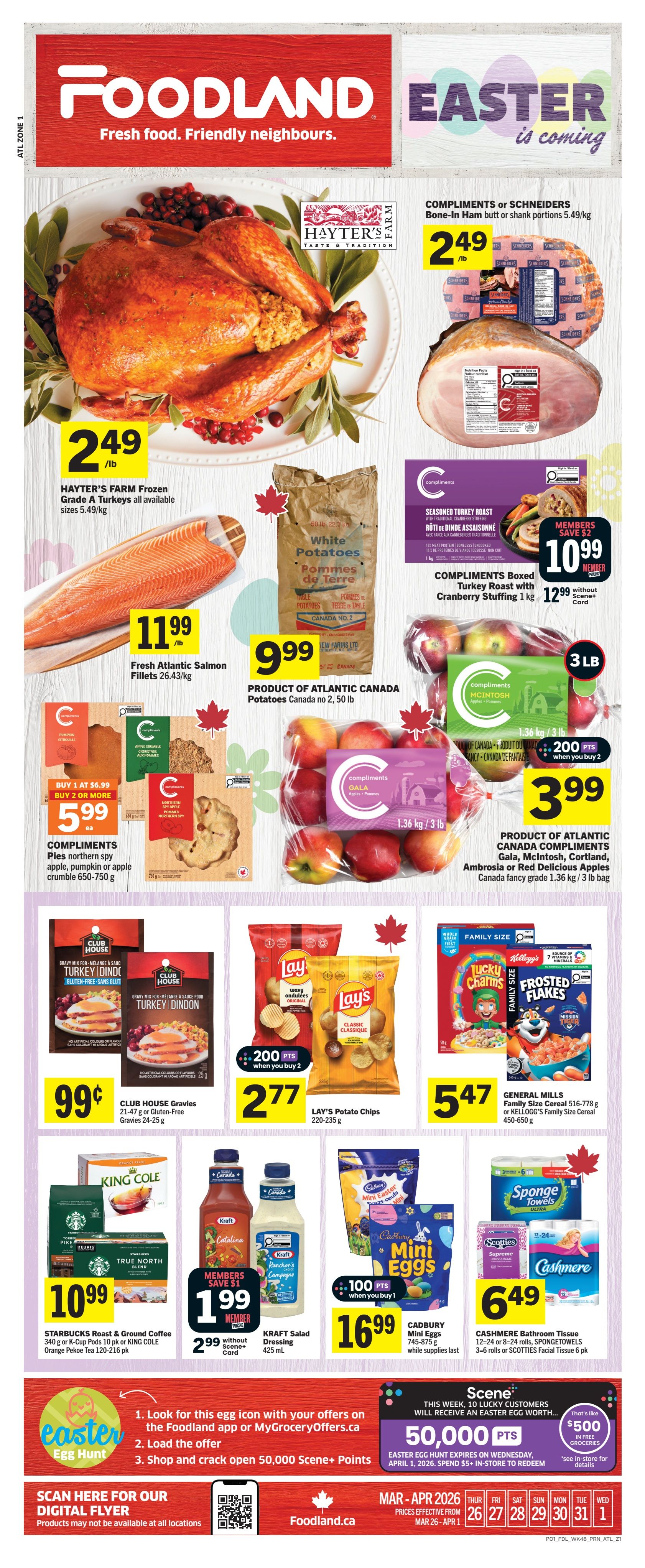 Foodland flyer page featuring 'Grocery Giveaways' and 'It's Game Time' promotions. Play on the Foodland app to enter weekly challenges, trivia, and spin the wheel for a chance to win prizes. Download the app, register, and link your Scene+ card to play. Prizes include 1x 1 Million Scene+ Points (valued at $10,000), 6x 1 Million Scene+ Points (valued at $10,000 each), 3x Cineplex Showtimes Cards (valued at $3,650 each), 2x $5,000 Scotiabank Cash Prizes, and 20x $500 Home Hardware Gift Cards. Play weekly to unlock free item offers from Compliments, featuring products like Compliments Exceptional Chocolate Chip Cookies and Compliments Blooming Onion Pearls. Earn up to 5x more points when using offers on the Foodland app. Visit foodland.ca/grocerygiveaways for contest rules. Contest runs from March 26 to April 29, 2026.