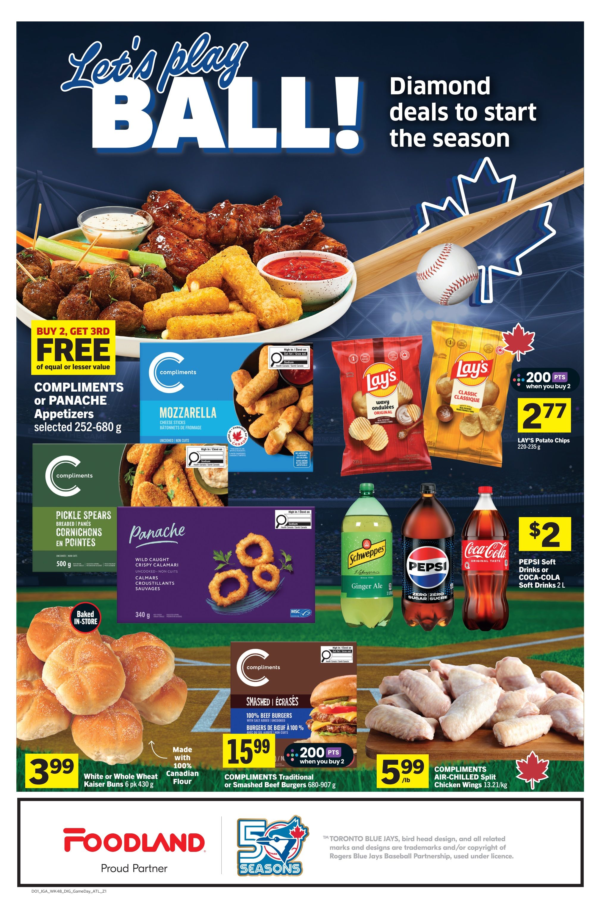 Foodland weekly flyer specials page 8 features a 'Let's Play Ball!' theme with diamond deals. Offers include Buy 2, Get 3rd FREE on Compliments or Panache Appetizers (selected 252-680 g), such as Mozzarella Cheese Sticks and Pickle Spears. Panache Crispy Calamari is also available. Lay's Potato Chips (220-235 g) are on sale for 277 when you buy 2, earning 200 points. Schweppes Ginger Ale, Pepsi Soft Drinks, and Coca-Cola Soft Drinks (2 L) are $2 each. White or Whole Wheat Kaiser Buns (6 pk 430 g) are $3.99, made with 100% Canadian Flour. Compliments Traditional or Smashed Beef Burgers (680-907 g) are $15.99 when you buy 2, earning 200 points. Compliments Air-Chilled Split Chicken Wings are $5.99/lb (13.21/kg). The page also features a partnership with the Toronto Blue Jays.