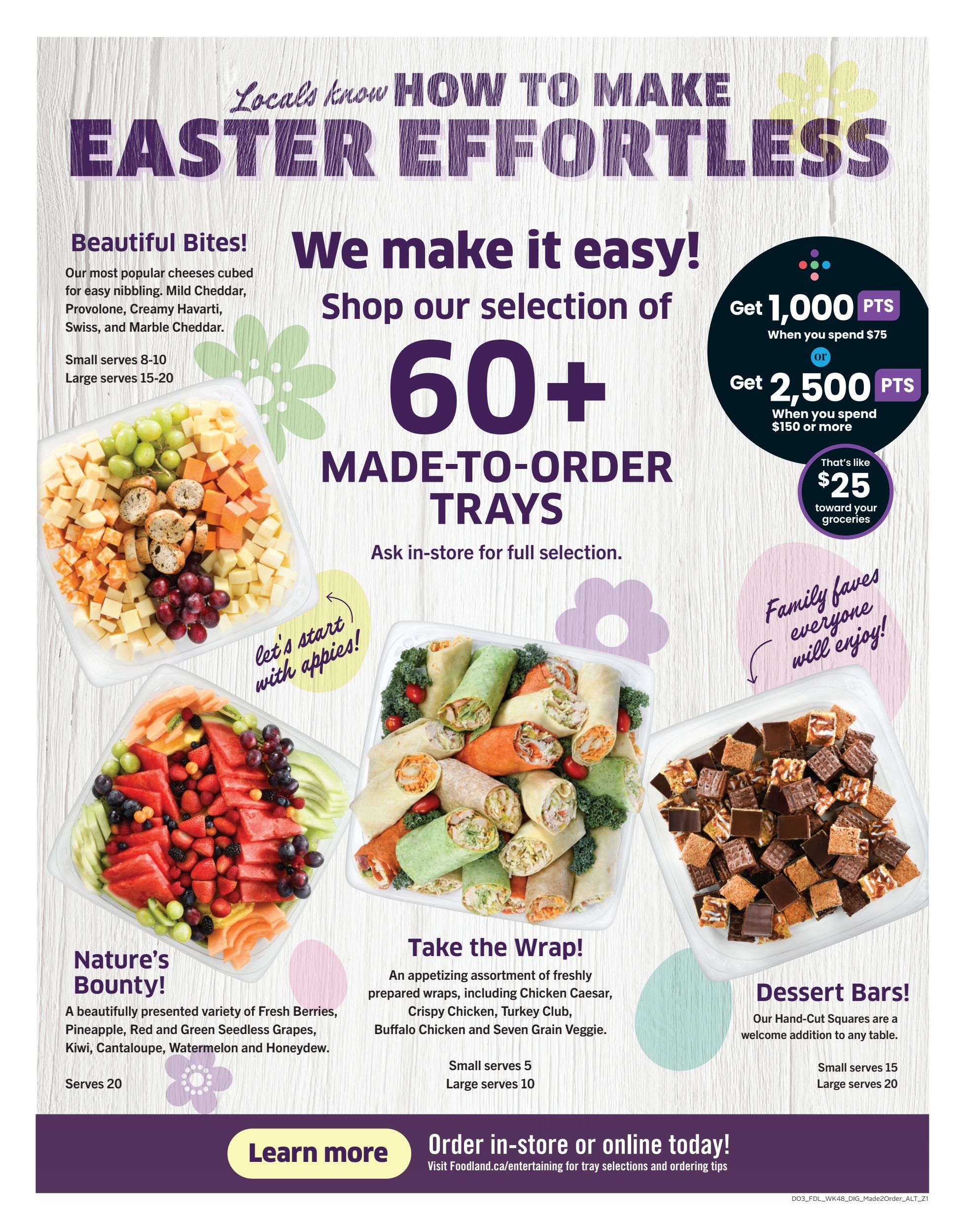 Foodland Easter Effortless page featuring a selection of over 60 made-to-order trays. Beautiful Bites cheese tray includes Mild Cheddar, Provolone, Creamy Havarti, Swiss, and Marble Cheddar, available in small (serves 8-10) and large (serves 15-20) sizes. Nature's Bounty fruit tray offers a variety of Fresh Berries, Pineapple, Red and Green Seedless Grapes, Kiwi, Cantaloupe, Watermelon, and Honeydew, serving 20. Take the Wrap tray features freshly prepared wraps like Chicken Caesar, Crispy Chicken, Turkey Club, Buffalo Chicken, and Seven Grain Veggie, available in small (serves 5) and large (serves 10). Dessert Bars tray includes Hand-Cut Squares, available in small (serves 15) and large (serves 20). Earn 1,000 points when you spend $75, or 2,500 points when you spend $150 or more, which is like $25 toward groceries. Order in-store or online today at Foodland.ca/entertaining for tray selections and ordering tips.