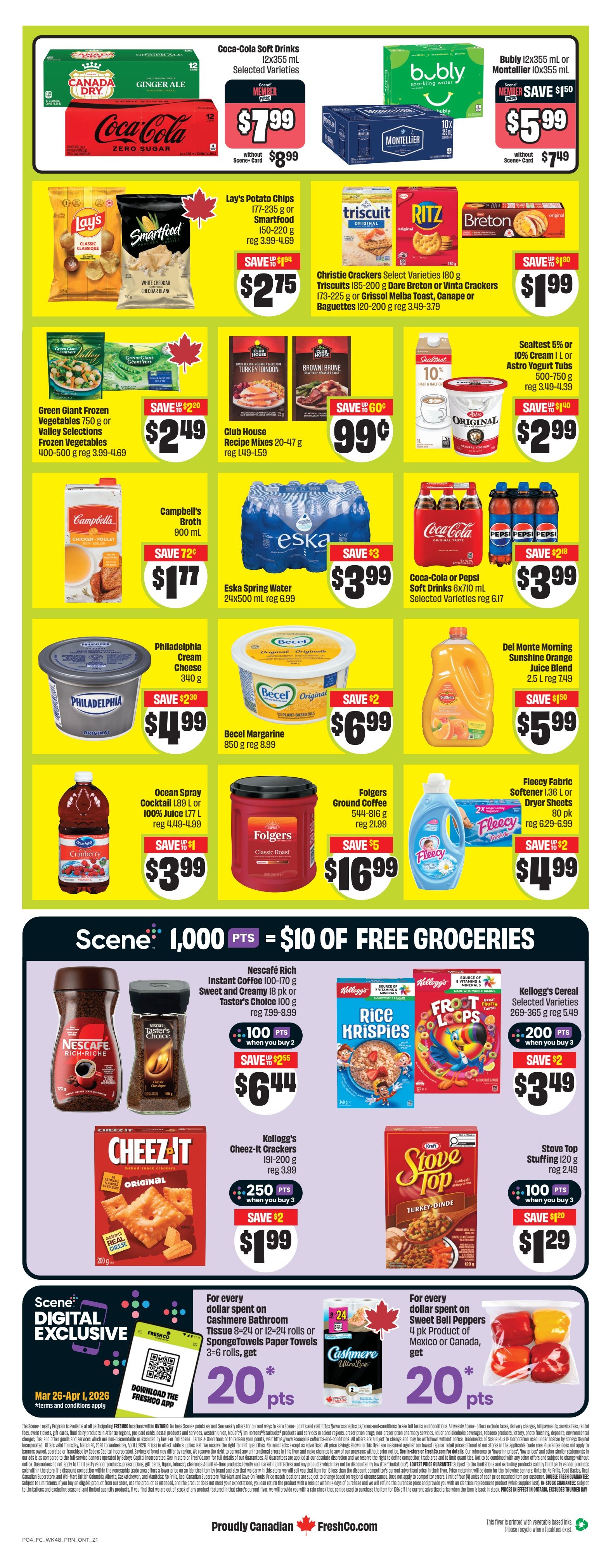 FreshCo Ontario Weekly Flyer Specials Page 2. Featured items include Coca-Cola Soft Drinks 12x355 mL for $7.99 (Member price) or $8.99 without Scene Card, and Bubly Sparkling Water 12x355 mL or Montellier 10x355 mL for $5.99 (Member price) or $7.49 without Scene Card. Lay's Potato Chips 177-235 g or Smartfood 150-220 g are on sale for $2.75, saving $1.94. Christie Crackers Select Varieties 180 g, Triscuit 185-200 g, Dare Breton or Vinta Crackers 173-225 g, or Grissol Melba Toast, Canapé or Baguettes 120-200 g are $1.99, saving $1.80. Green Giant Frozen Vegetables 750 g or Valley Selections Frozen Vegetables 400-500 g are $2.49, saving $2.20. Club House Recipe Mixes 20-47 g are $0.99, saving $0.60. Sealtest 5% or 10% Cream or Astro Yogurt Tubs 500-750 g are on sale. Campbell's Broth 900 mL is $1.77, saving $0.72. Eska Spring Water 24x500 mL is $3.99, saving $3.00. Coca-Cola or Pepsi Soft Drinks 6x710 mL are $3.99, saving $2.18. Philadelphia Cream Cheese 340 g is $4.99, saving $2.30. Becel Margarine 850 g is $6.99, saving $2.00. Del Monte Morning Sunshine Orange Juice Blend 2.5 L is $5.99, saving $1.50. Ocean Spray Cocktail 1.89 L or 100% Juice 1.77 L is $3.99, saving $1.00. Folgers Ground Coffee 544-816 g is $16.99, saving $5.00. Fleecy Fabric Softener 1.36 L or Dryer Sheets 80 pk are $4.99, saving $2.00. Scene members earn 1,000 points for $10 of free groceries. Nescafé Rich Instant Coffee 100-170 g or Taster's Choice 100 g are $6.44 when you buy 2, earning 100 points. Kellogg's Cereal Selected Varieties 269-365 g are $3.49 when you buy 2, earning 200 points. Kellogg's Cheez-It Crackers 191-200 g are $1.99, saving $2.00 when you buy 3, earning 250 points. Stove Top Stuffing 120 g is $1.29, saving $1.20 when you buy 3, earning 100 points. Scene Digital Exclusive: Spend on Cashmere Bathroom Tissue 8-24 rolls or SpongeTowels Paper Towels 3-6 rolls, get 20 points. Spend on Sweet Bell Peppers 4 pk Product of Mexico or Canada, get 20 points. Offer valid March 26 - April 1, 2026. Terms and conditions apply.