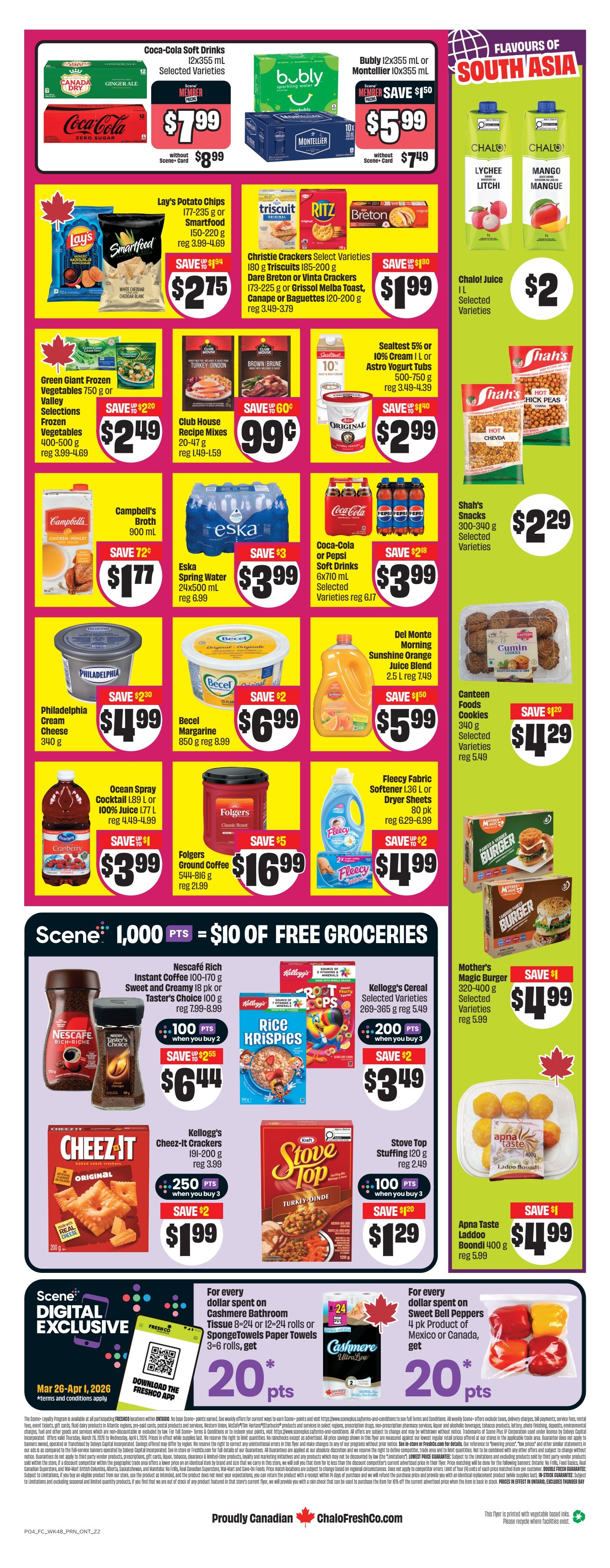 FreshCo Ontario flyer, page 2. Featured are Coca-Cola Soft Drinks 12x355 mL for $7.99 (member price) or $8.99 without Scene Card, and Bubly Sparkling Water 12x355 mL or Montellier 10x355 mL for $5.99 (member price) or $7.49 without Scene Card. Also on sale are Chalo! Juice 1 L for $2. Lay's Potato Chips 177-235 g or Smartfood 150-220 g are $2.75. Christie Crackers Select Varieties 180-200 g, Dare Breton or Vinta Crackers 173-225 g, or Grissol Melba Toast, Canape or Baguettes 120-200 g are $1.99. Green Giant Frozen Vegetables 750 g or Valley Selections Frozen Vegetables 400-500 g are $2.49. Club House Recipe Mixes 20-47 g are 99 cents. Shah's Snacks 300-340 g are $2.29. Campbell's Broth 900 mL is $1.77. Eska Spring Water 24x500 mL is $3.99. Coca-Cola or Pepsi Soft Drinks 6x710 mL are $3.99. Sealtest 5% or 10% Cream 1 L or Astro Yogurt Tubs 500-750 g are $3.99. Del Monte Sunshine Orange Juice Blend 2.5 L is $5.99. Philadelphia Cream Cheese 340 g is $4.99. Becel Margarine 850 g is $6.99. Canteen Foods Cookies 340 g are $4.29. Ocean Spray Cocktail 1.89 L or 100% Juice 1.77 L is $3.99. Folgers Ground Coffee 544-816 g is $16.99. Fleecy Fabric Softener 1.36 L or Dryer Sheets 80 pk are $4.99. Mother's Magic Burger 320-400 g are $4.99. Apna Taste Laddoo Boondi 400 g is $4.99. Scene+ members earn 1,000 points for every $10 of free groceries. Nescafé Rich Instant Coffee 100-170 g or Sweet and Creamy 18 pk or Taster's Choice 100 g are $6.44 when you buy 2, earning 100 points. Kellogg's Cereal Select Varieties 269-365 g are $3.49 when you buy 3, earning 200 points. Kellogg's Cheez-It Crackers 191-200 g are $1.99 when you buy 3, earning 250 points. Kraft Stove Top Stuffing 120 g is $1.29 when you buy 2, earning 100 points. Digital Exclusive: Spend $20 on Cashmere Bathroom Tissue 8-24 rolls or SpongeTowels Paper Towels 3-6 rolls and get 20 bonus Scene+ points. Spend $20 on Sweet Bell Peppers 4 pk Product of Mexico or Canada and get 20 bonus Scene+ points.