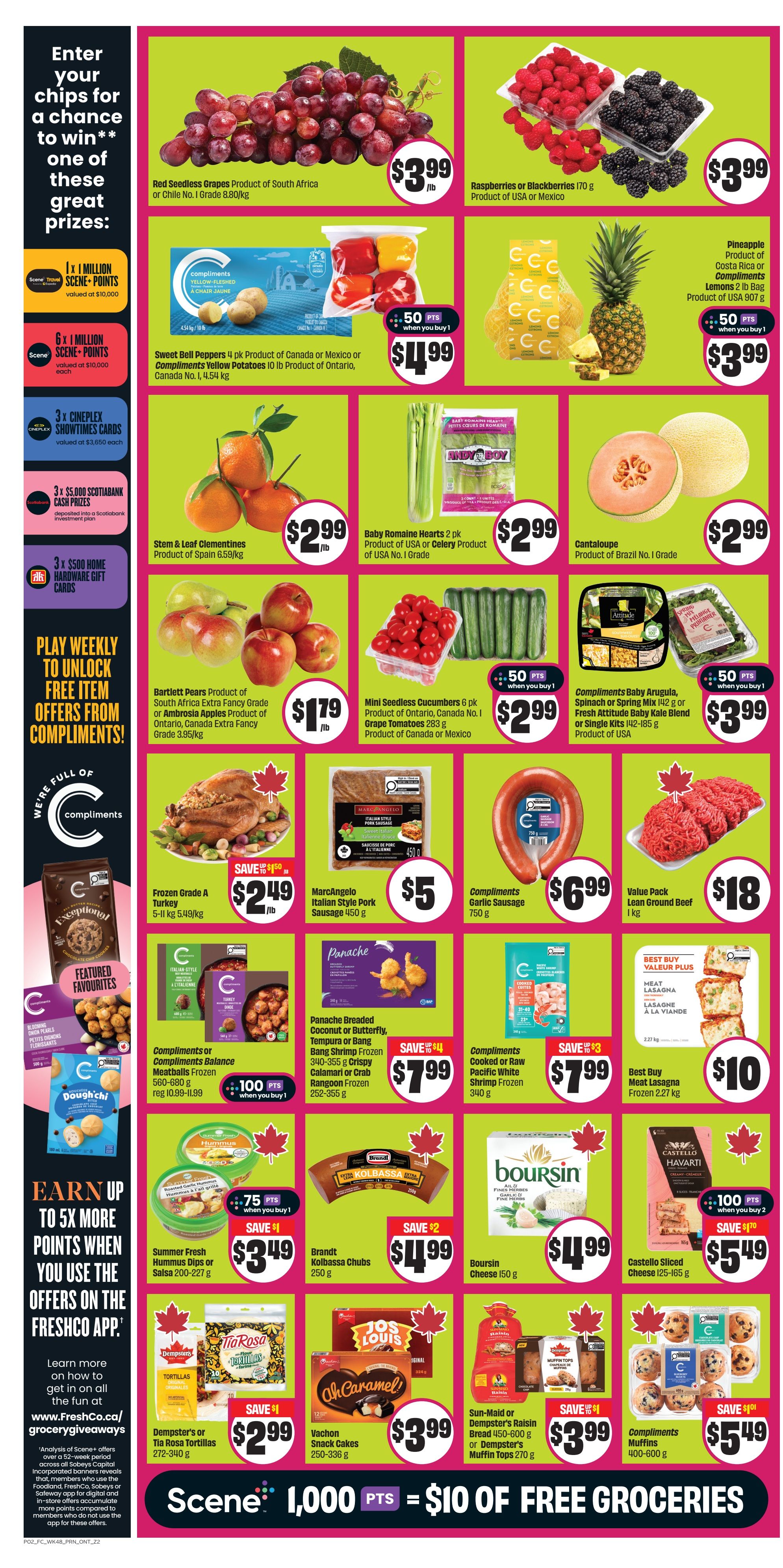 FreshCo Ontario flyer page 3 features a variety of fresh produce and grocery items. Red Seedless Grapes are $3.99/lb. Raspberries or Blackberries are $3.99 per 170g package. Sweet Bell Peppers (4 pk) or Compliments Yellow Potatoes (10 lb) are $4.99 with 50 bonus Scene+ points when you buy 1. A Pineapple is $3.99 and Lemons (2 lb bag) are $3.99 with 50 bonus Scene+ points when you buy 1. Stem & Leaf Clementines are $2.99/lb. Baby Romaine Hearts (2 pk) are $2.99. Cantaloupe is $2.99/lb. Bartlett Pears or Ambrosia Apples are $1.79/lb. Mini Seedless Cucumbers (6 pk) or Grape Tomatoes (283 g) are $2.99 with 50 bonus Scene+ points when you buy 1. Compliments Baby Arugula, Spinach or Spring Mix (142 g) or Fresh Attitude Baby Kale Blend or Single Kits are $3.99 with 50 bonus Scene+ points when you buy 1. Frozen Grade A Turkey is $2.49/lb. MarcAngelo Italian Style Pork Sausage (450 g) is $5. Compliments Garlic Sausage (750 g) is $6.99. Value Pack Lean Ground Beef (1 kg) is $18. Panache Breaded Coconut or Butterfly Tempura or Bang Bang Shrimp Frozen (340-355 g) or Crispy Calamari or Crab Rangoon Frozen (252-355 g) are $7.99 with save $4. Compliments Cooked or Raw Pacific White Shrimp Frozen (340 g) are $7.99 with save $4. Best Buy Meat Lasagna Frozen (2.27 kg) is $10. Compliments Balance Meatballs (560-680 g) are $10.99-11.99 with 100 bonus Scene+ points when you buy 1. Summer Fresh Hummus Dips or Salsa (200-227 g) are $3.49 with save $1 and 75 bonus Scene+ points when you buy 1. Brandt Kolbassa Chubs (250 g) are $4.99 with save $2. Boursin Cheese (150 g) is $4.99. Castello Sliced Cheese (125-165 g) are $5.49 with save $1 and 100 bonus Scene+ points when you buy 1. Dempster's or Tia Rosa Tortillas (272-340 g) are $2.99 with save $1. Vachon Snack Cakes (250-336 g) are $3.99. Sun-Maid Raisin Bread or Dempster's Raisin Muffin Tops (270 g) are $3.99 with save $1. Compliments Muffins (400-600 g) are $5.49 with save $1. The bottom of the page highlights 'Earn up to 5x more points when you use the offers on the FreshCo app' and '1,000 Scene+ points = $10 of free groceries.