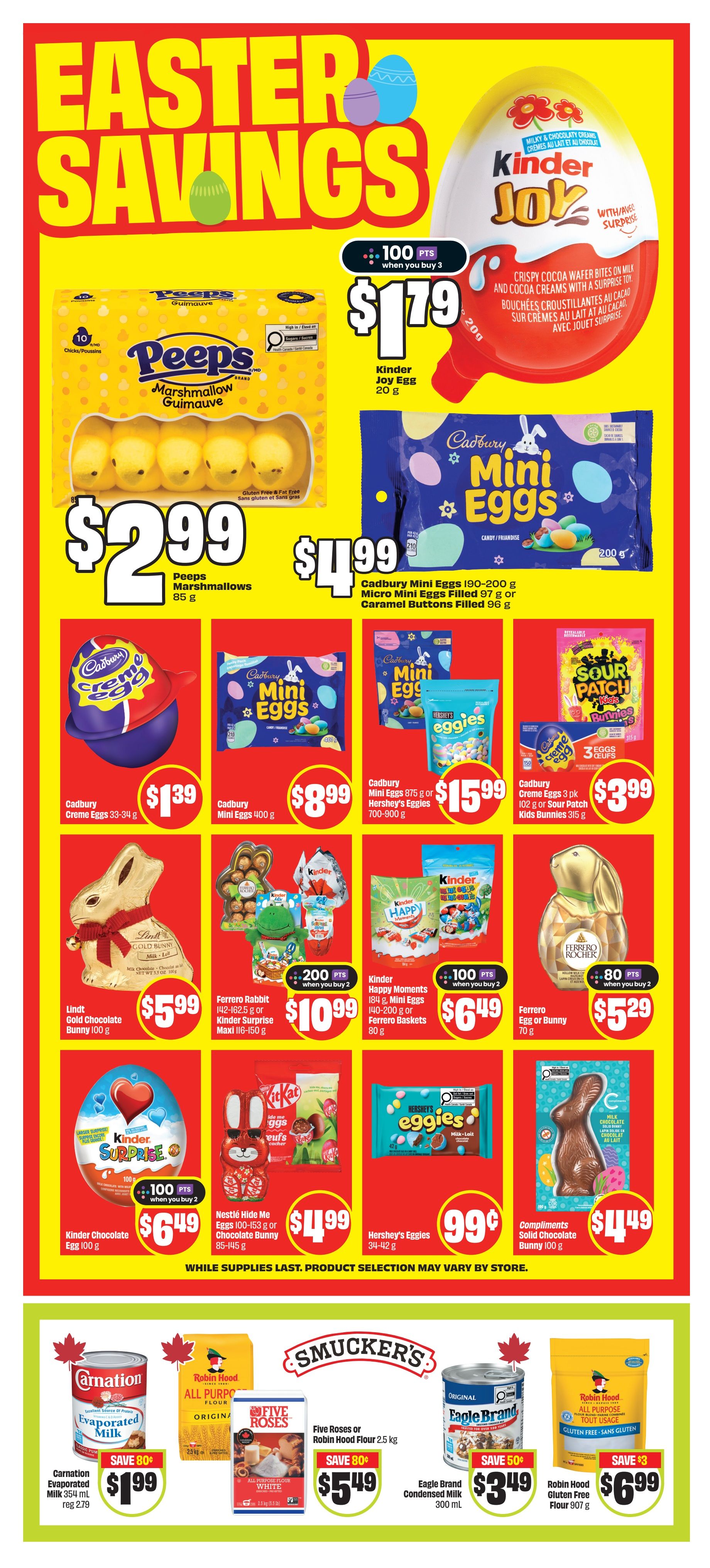 FreshCo Ontario flyer, page 8, featuring Easter savings. Deals include Peeps Marshmallows for $2.99, Kinder Joy Egg for $1.79 when you buy 3 and get 100 points, Cadbury Mini Eggs 190-200g or Micro Mini Eggs 97g or Caramel Buttons 96g for $4.99, Cadbury Creme Eggs 33-34g for $1.39, Cadbury Mini Eggs 400g for $8.99, Cadbury Mini Eggs 875g or Hershey's Eggies 700-900g for $15.99, Cadbury Creme Eggs 3 pk 102g or Sour Patch Kids Bunnies 315g for $3.99. Also featured are Lindt Gold Chocolate Bunny 100g for $5.99, Ferrero Rabbit 142-162.5g or Kinder Surprise Maxi 116-150g for $10.99 with 200 points when you buy 2, Kinder Happy Moments 184g or Mini Eggs 140-200g or Ferrero Baskets 80g for $6.49 with 100 points when you buy 2, Ferrero Egg or Bunny 70g for $5.29 with 80 points when you buy 2. Additional offers include Kinder Chocolate Egg 100g for $6.49 with 100 points when you buy 2, Nestle Hide Me Eggs 100-153g or Chocolate Bunny 85-145g for $4.99, Hershey's Eggies 34-42g for $0.99, and Compliments Solid Chocolate Bunny 100g for $4.49. The bottom section shows Carnation Evaporated Milk 354 ml for $1.99 (save $0.80), Five Roses or Robin Hood Flour 2.5 kg for $5.49 (save $0.80), and Eagle Brand Condensed Milk 300 ml for $3.49 (save $0.50), and Robin Hood Gluten Free Flour 907g for $6.99 (save $3).