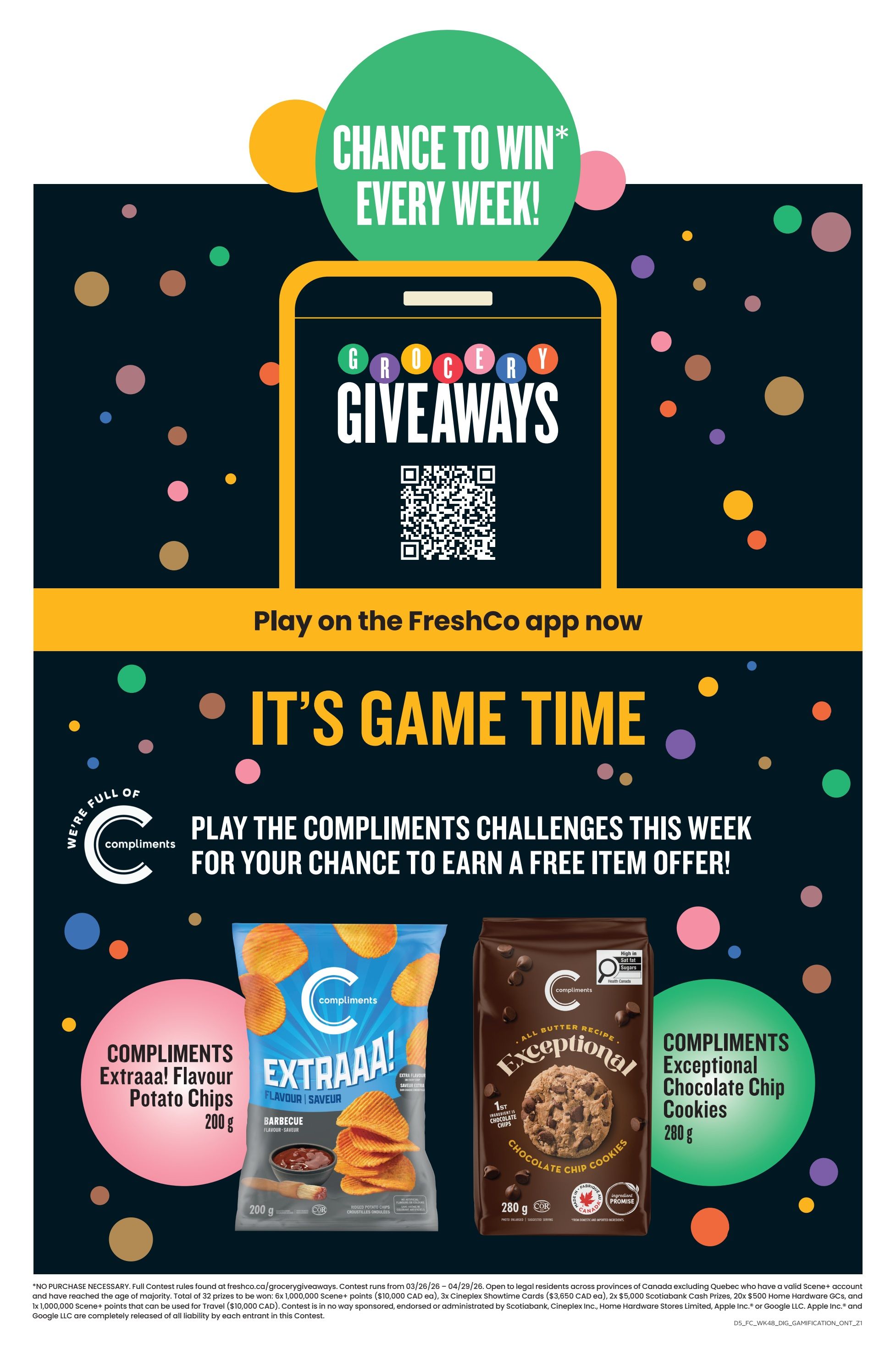 FreshCo Ontario flyer, page 9. Features a 'Grocery Giveaways' promotion with a chance to win every week by playing on the FreshCo app. Also highlights 'It's Game Time' where you can play Compliments Challenges for a chance to earn a free item offer. Featured products include Compliments Extraaa! Flavour Potato Chips in Barbecue flavour, 200 g, and Compliments Exceptional Chocolate Chip Cookies, 280 g.