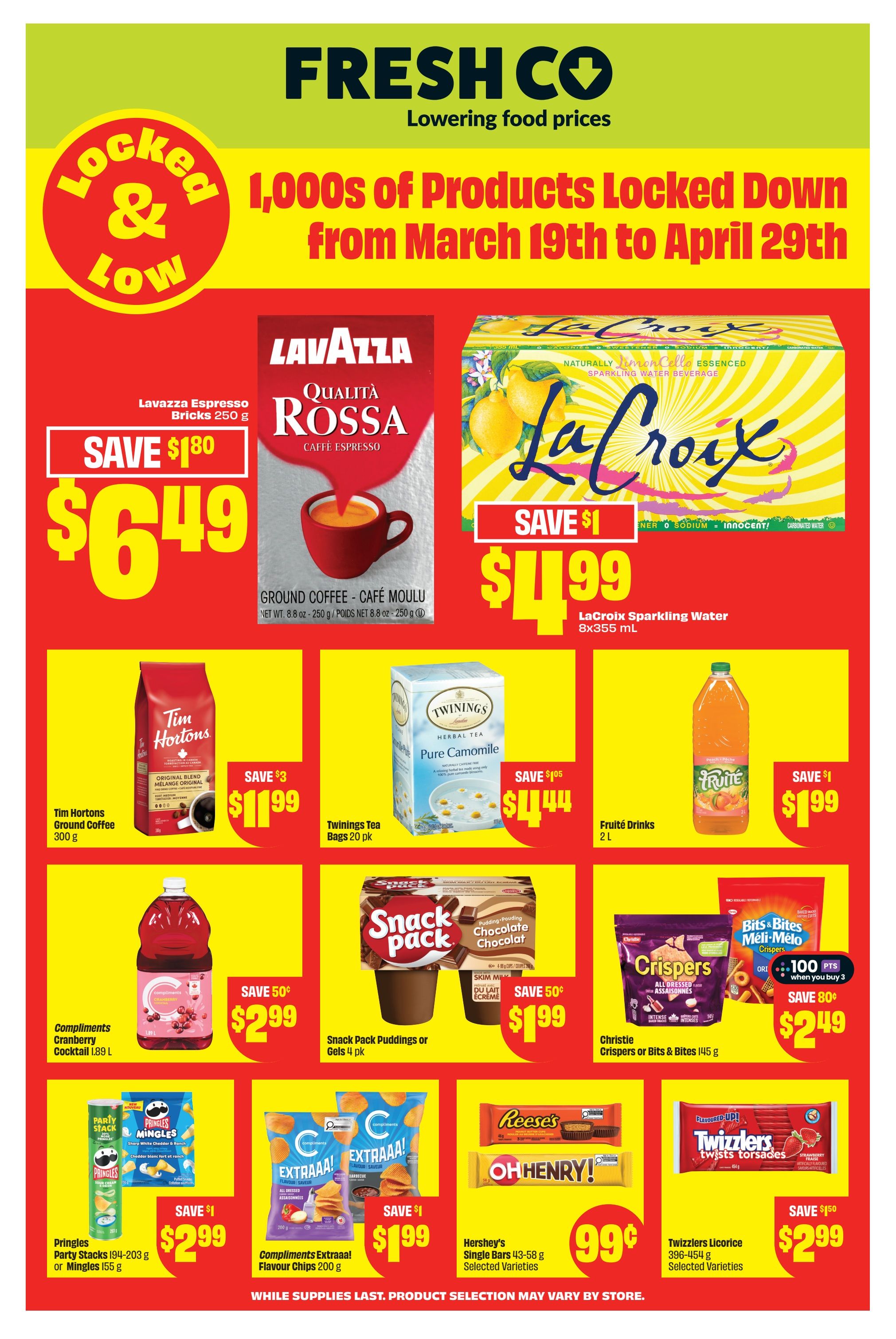 FreshCo flyer page 14 features 'Locked & Low' prices from March 19th to April 29th. Featured products include Lavazza Espresso Qualità Rossa ground coffee 250g for $6.49 (save $1.80), LaCroix Sparkling Water 8x355mL for $4.99 (save $1), Tim Hortons Ground Coffee 300g for $11.99 (save $3), Twinings Tea Bags Pure Camomile 20 pk for $11.44 (save $1.05), Fruité Drinks 2L for $1.99 (save $1), Compliments Cranberry Cocktail 1.89L for $2.99 (save $0.50), Snack Pack Puddings or Gels 4 pk for $1.99, Christie Crispers or Bits & Bites 145g for $2.49 (save $0.80 when you buy 3), Pringles Party Stacks 194-203g or Mingles 155g for $2.99 (save $1), Compliments Extraaa! Flavour Chips 200g for $1.99 (save $1), Hershey's Single Bars 43-58g selected varieties for $0.99, and Twizzlers Licorice 396-454g selected varieties for $2.99 (save $1.50). While supplies last, product selection may vary by store.