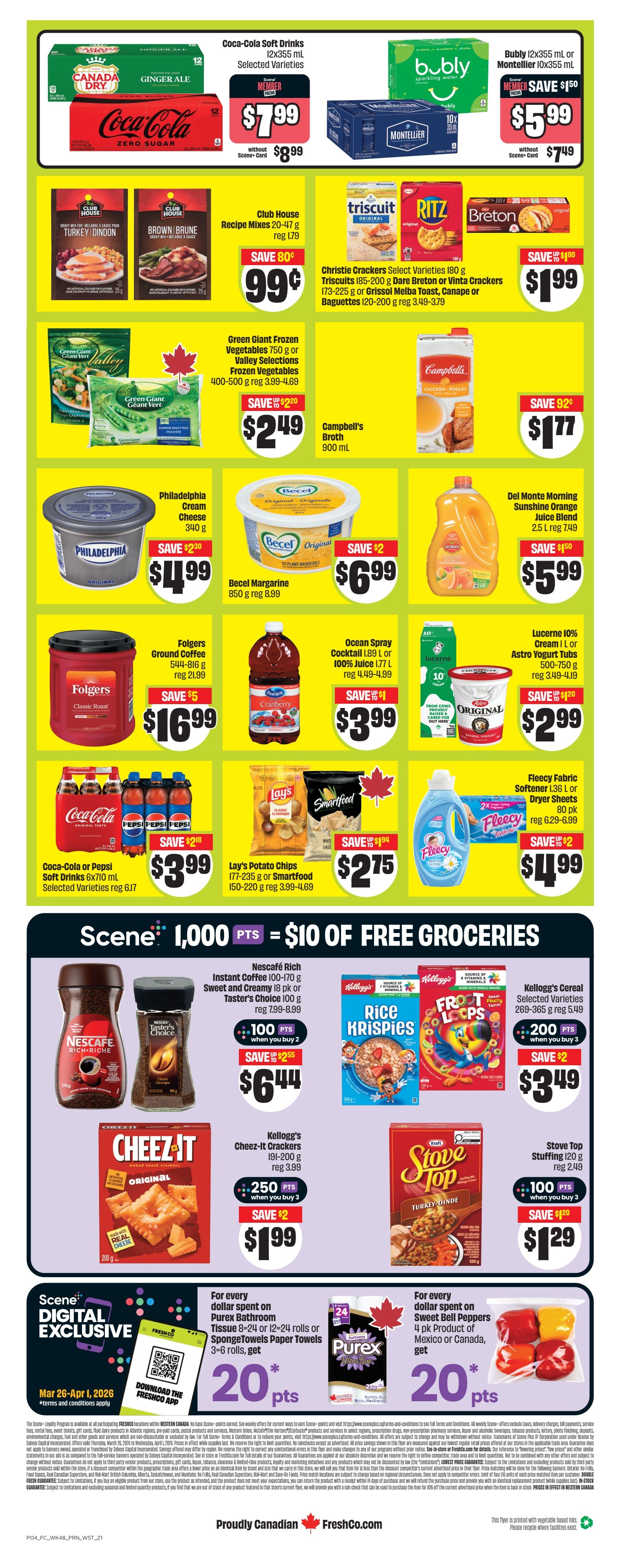 FreshCo weekly flyer specials for Western Canada, page 2. Featured items include Coca-Cola Soft Drinks 12x355 mL for $7.99 (save $1.00), Bubly Sparkling Water or Montellier Water 10x355 mL for $5.99 (save $1.50). Club House Recipe Mixes 20-47 g are on sale for $0.99 (save $0.80). Christie Crackers Select Varieties 180 g, Triscuits 185-200 g, Dare Breton or Vinta Crackers 173-225 g or Grissol Melba Toast, Canapé or Baguettes 120-200 g are $1.99 (save $1.80). Green Giant Frozen Vegetables 750 g or Valley Selections Frozen Vegetables 400-500 g are $2.49 (save $2.20). Campbell's Broth 900 mL is $1.77 (save $0.92). Philadelphia Cream Cheese 340 g is $4.99 (save $2.20). Becel Margarine 850 g is $6.99 (save $2.00). Del Monte Morning Sunshine Orange Juice Blend 2.5 L is $5.99 (save $1.50). Folgers Ground Coffee 544-816 g is $16.99 (save $5.00). Ocean Spray Cocktail 1.89 L or 100% Juice 1.77 L is $3.99 (save $1.00). Lucerne 10% Cream 1 L or Astro Yogurt Tubs 500-750 g are $2.99 (save $1.20). Fleecy Fabric Softener 1.36 L or Dryer Sheets 80 pk are $4.99 (save $2.00). Coca-Cola or Pepsi Soft Drinks 6x710 mL are $3.99 (save $2.18). Lay's Potato Chips 177-235 g or Smartfood 150-220 g are $2.75 (save $1.94). Scene+ members earn 100 points when you buy 2 Nescafé Rich Instant Coffee 100-170 g or Sweet and Creamy 18 pk or Taster's Choice 100 g for $6.44 (save $2.55). Kellogg's Cheez-It Crackers 191-200 g are $1.99 (save $2.00). Kellogg's Cereal Selected Varieties 269-365 g, including Rice Krispies and Froot Loops, earn 200 points when you buy 3 for $3.49 (save $2.00). Stove Top Stuffing 120 g is $1.29 (save $1.20). Digital exclusive: Spend on Purex Bathroom Tissue 8-24 rolls or SpongeTowels 3-6 rolls and get 20* points. Spend on Sweet Bell Peppers (product of Mexico or Canada) and get 20* points. Valid March 26 - April 1, 2026.