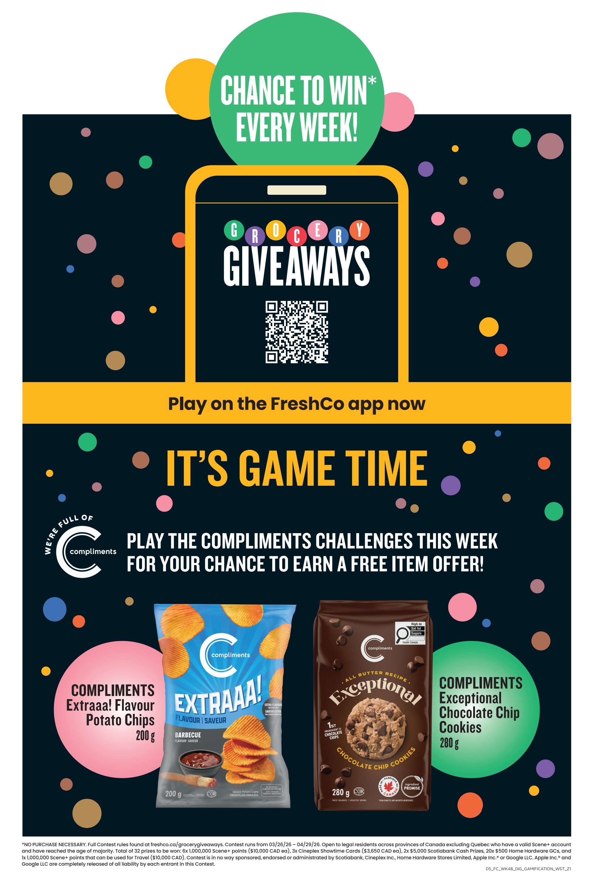 FreshCo weekly flyer specials, page 9. This page features a 'Grocery Giveaways' promotion with a chance to win every week by playing Compliments challenges on the FreshCo app to earn a free item offer. Featured products include Compliments Extraaa! Flavour Potato Chips in Barbecue flavour, 200g, and Compliments Exceptional Chocolate Chip Cookies, 280g. The contest runs from March 26 to April 29, 2026.
