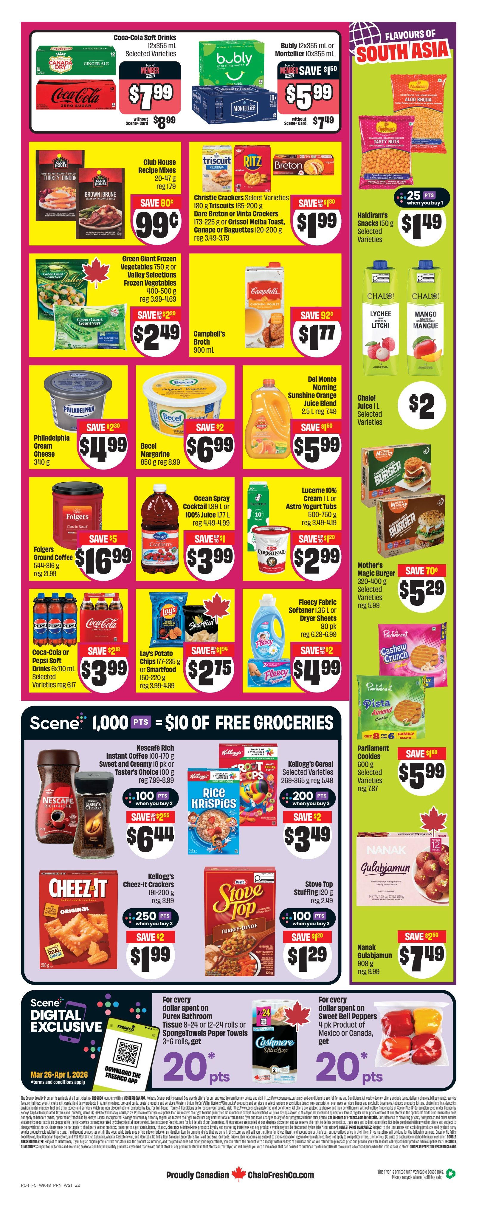 FreshCo flyer page 2 features a variety of deals. Top row includes Coca-Cola Soft Drinks 12x355 mL for $7.99, and Bubly Sparkling Water 12x355 mL for $5.99. Middle section showcases Club House Recipe Mixes for $0.99, Christie Crackers and Vinta Crackers for $1.99, Green Giant Frozen Vegetables for $2.49, and Campbell's Broth for $1.77. Also featured are Philadelphia Cream Cheese for $4.99, Becel Margarine for $6.99, Del Monte Sunshine Orange Juice Blend for $5.99, and Lucerne 10% Cream or Astro Yogurt Tubs for $2.99. Folgers Ground Coffee is $16.99, Ocean Spray Cocktail 100% Juice is $3.99, and Lay's Potato Chips or Smartfood are $2.75. Fleecy Fabric Softener is $4.99. The bottom section highlights a Scene+ offer: 1,000 Scene+ points for $10 of free groceries. Nescafé Rich Instant Coffee is $6.44 when you buy 2, with 100 Scene+ points. Kellogg's Cereal is $3.49, with 200 Scene+ points when you buy 3. Kellogg's Cheez-It Crackers are $1.99. Stove Top Stuffing is $1.29. Parliament Cookies are $5.99. Nanak Gulabjamun is $7.49. Digital exclusives include 20 Scene+ points for every dollar spent on Purex Bathroom Tissue or SpongeTowels Paper Towels, and 20 Scene+ points for every dollar spent on Sweet Bell Peppers. Proudly Canadian ChaloFreshCo.com.