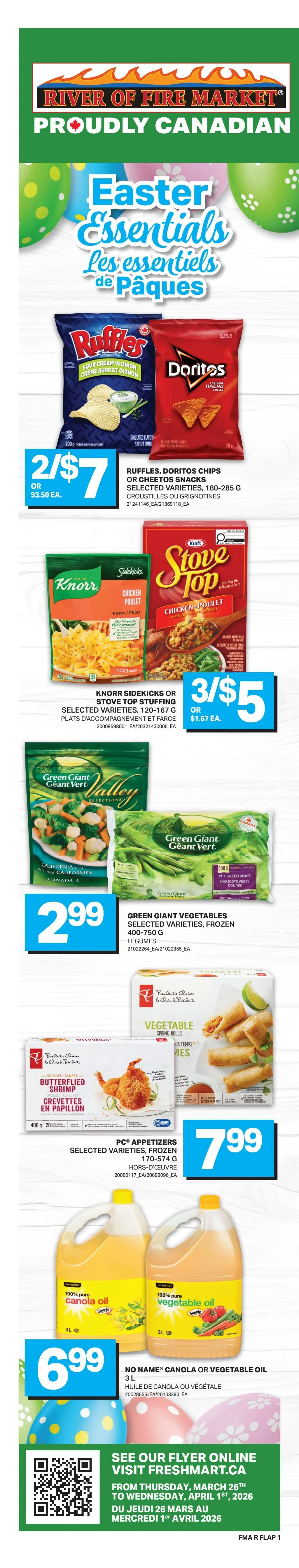 Freshmart Ontario Weekly Flyer Specials, Page 2. Features Easter Baking items. Betty Crocker Supermoist Cake Mix in French Vanilla flavour is $1.99 for 375g or 404g. Betty Crocker Frostings in selected varieties (340g/450g) or Carnation Evaporated Milk (354ml) are $2.49. No Name Whipped Topping is $2.29 for 225g. Robin Hood or Five Roses All-Purpose Flour (selected varieties, 10kg) is $17.49.49. The page also shows a selection of decorated Easter breads and pastries.